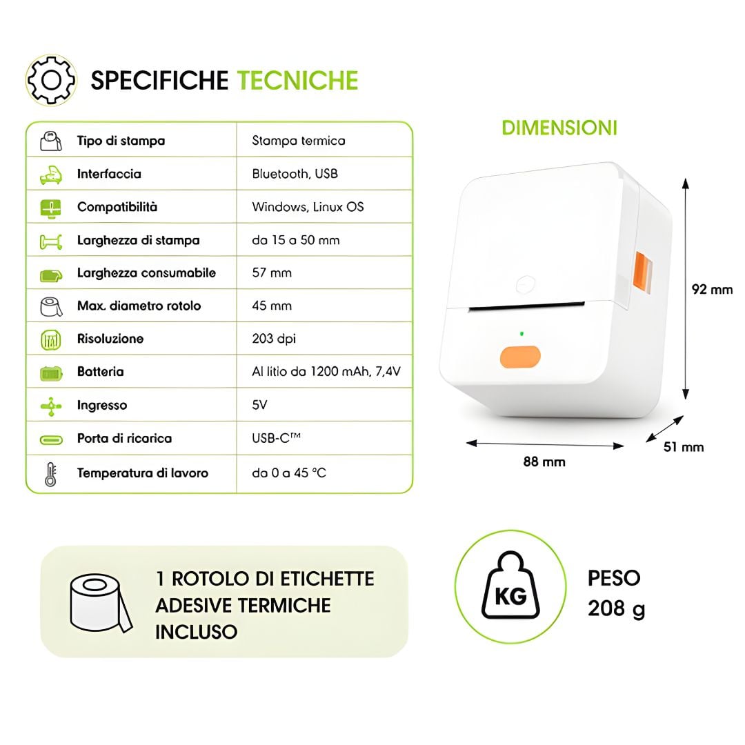 Mini Etichettatrice Stampante Termica Bluetooth Portatile Ricarica USB-C™ - Techly I-PRINT001