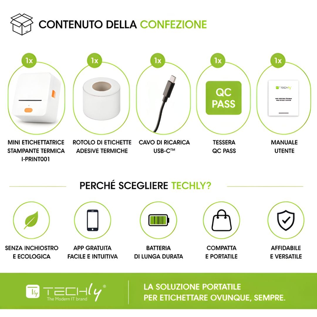 Mini Etichettatrice Stampante Termica Bluetooth Portatile Ricarica USB-C™ - Techly I-PRINT001