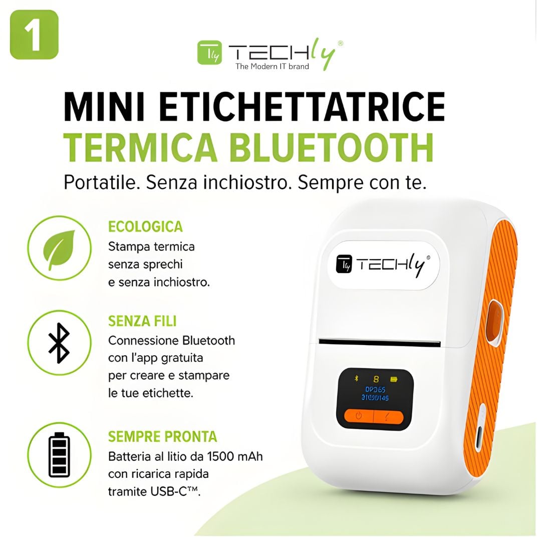 Mini Etichettatrice Stampante Termica Bluetooth C/Display Portatile Ricarica USB-C™ - Techly I-PRINT002