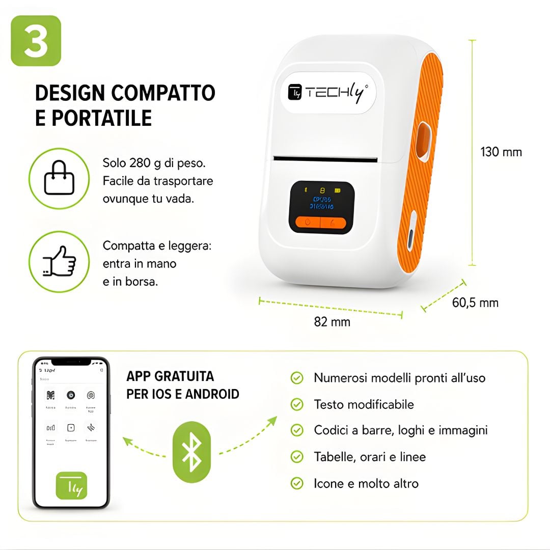 Mini Etichettatrice Stampante Termica Bluetooth C/Display Portatile Ricarica USB-C™ - Techly I-PRINT002