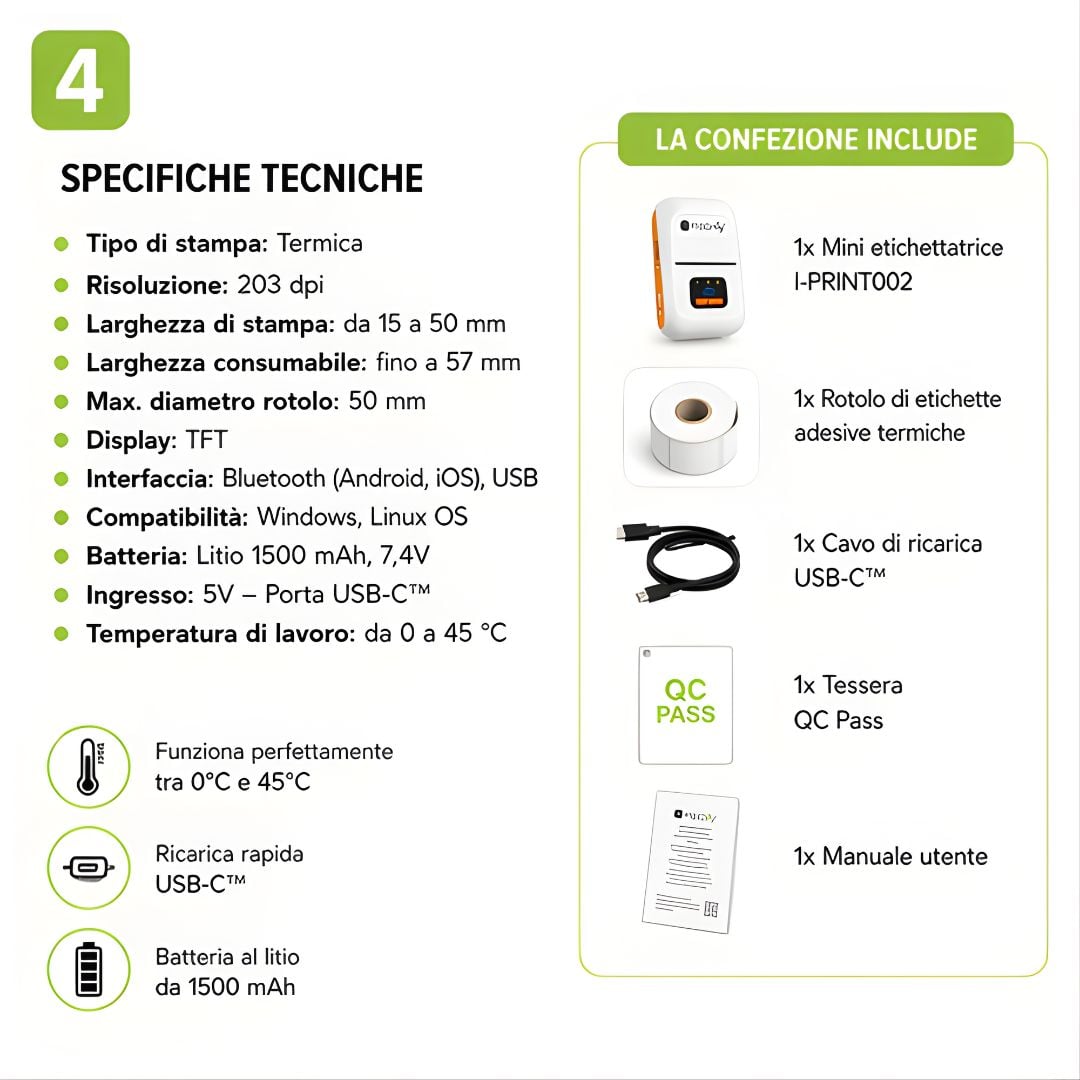 Mini Etichettatrice Stampante Termica Bluetooth C/Display Portatile Ricarica USB-C™ - Techly I-PRINT002
