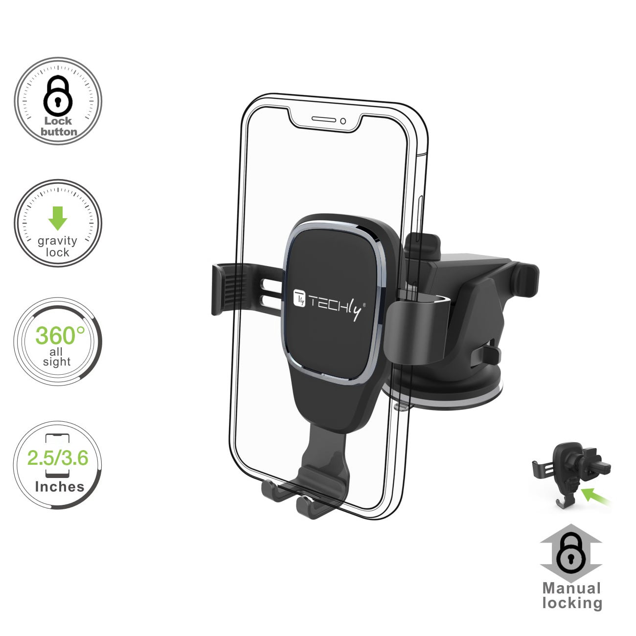 Supporto Universale da Auto per Smartphone con Sistema a Gravità - Techly I-SMART-GRAV