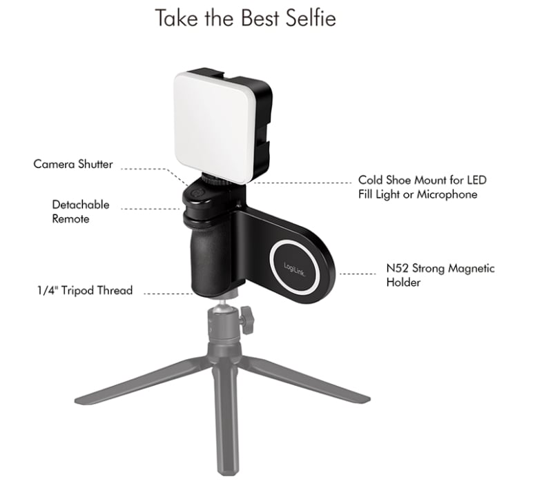 Impugnatura Magnetica per Smartphone con Telecomando Wireless e Luce a 3 Livelli di Luminosità - Logilink I-SMART-GRIP-MAG
