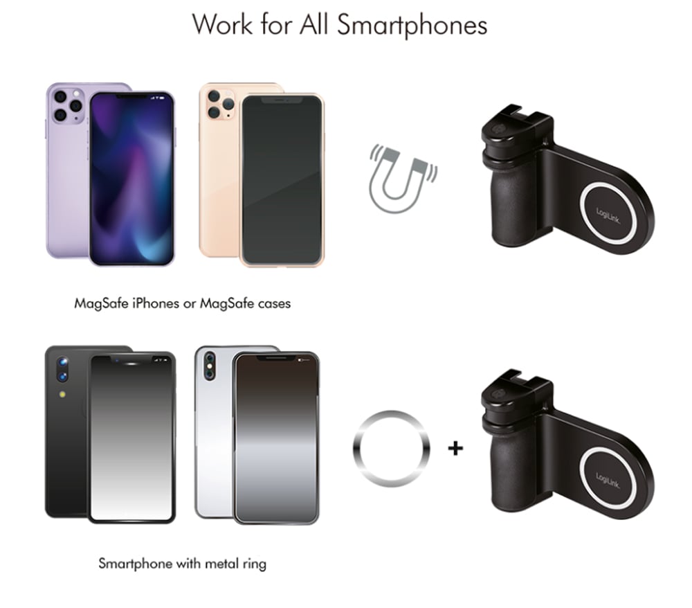Impugnatura Magnetica per Smartphone con Telecomando Wireless e Luce a 3 Livelli di Luminosità - Logilink I-SMART-GRIP-MAG