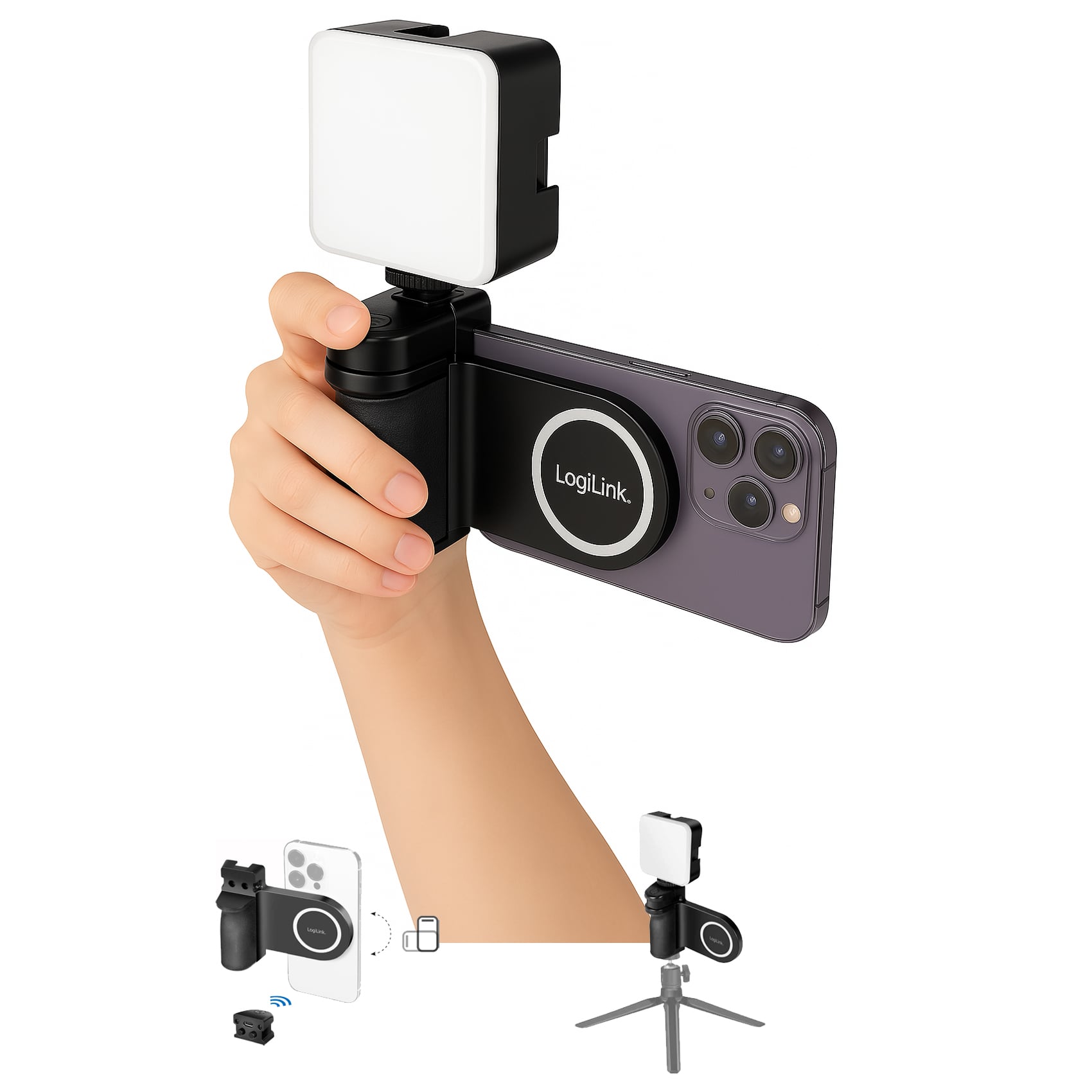 Impugnatura Magnetica per Smartphone con Telecomando Wireless e Luce a 3 Livelli di Luminosità - Logilink I-SMART-GRIP-MAG