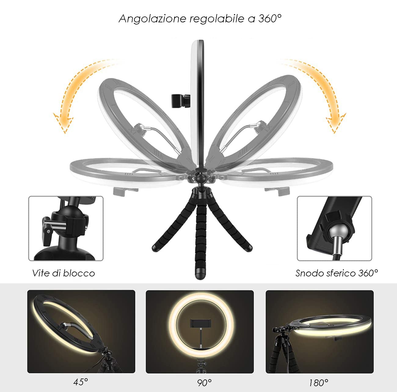 Luce LED Anello 20cm per 1/4'' Regolazione Luminosità Stand Smartphone - Logilink I-SMART-RING20