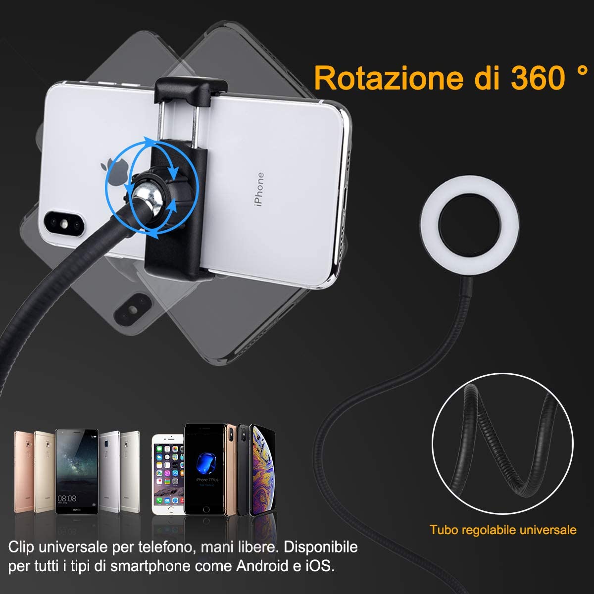 Luce LED Anello Portatile Regolazione Luminosità e Stand Smartphone - Logilink I-SMART-RING8
