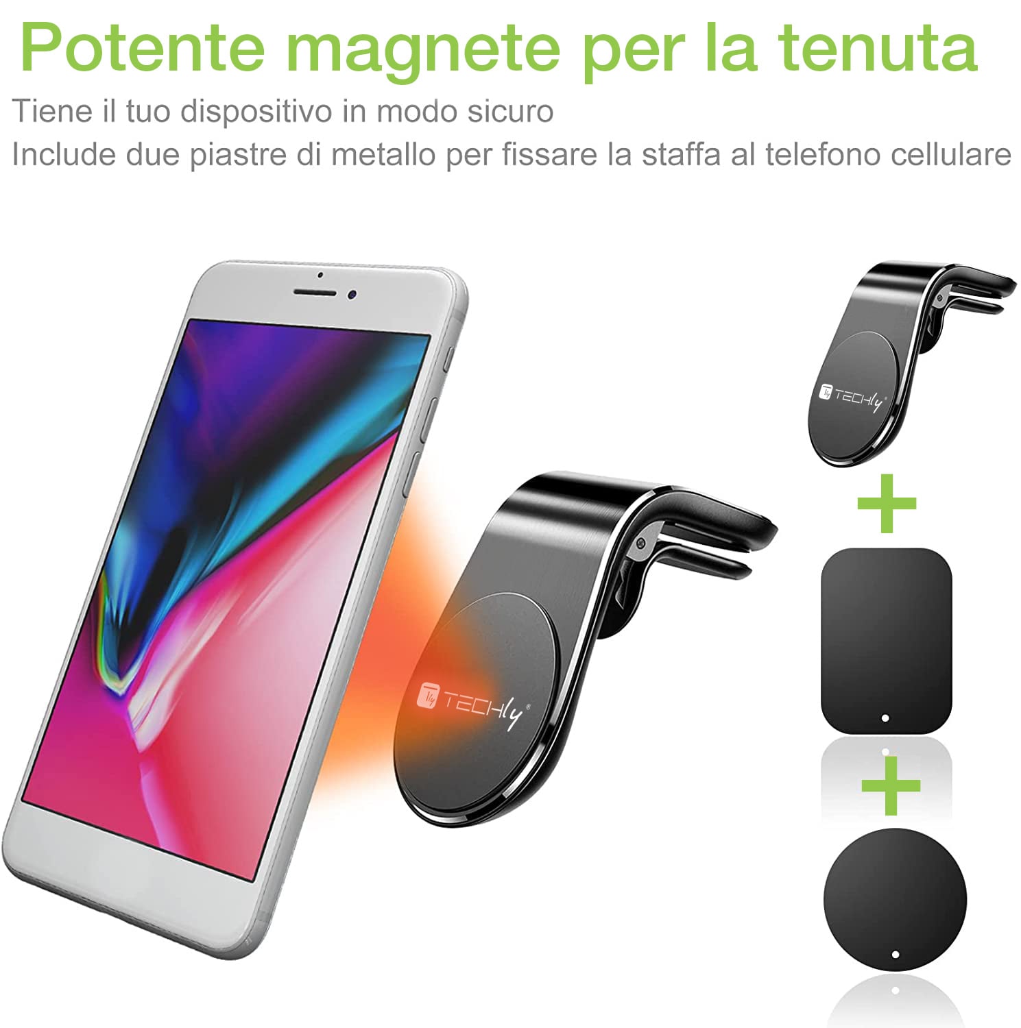 Supporto Magnetico da Auto per Smartphone con Due Placche Metalliche Universali - Techly I-SMART-UNIALTY
