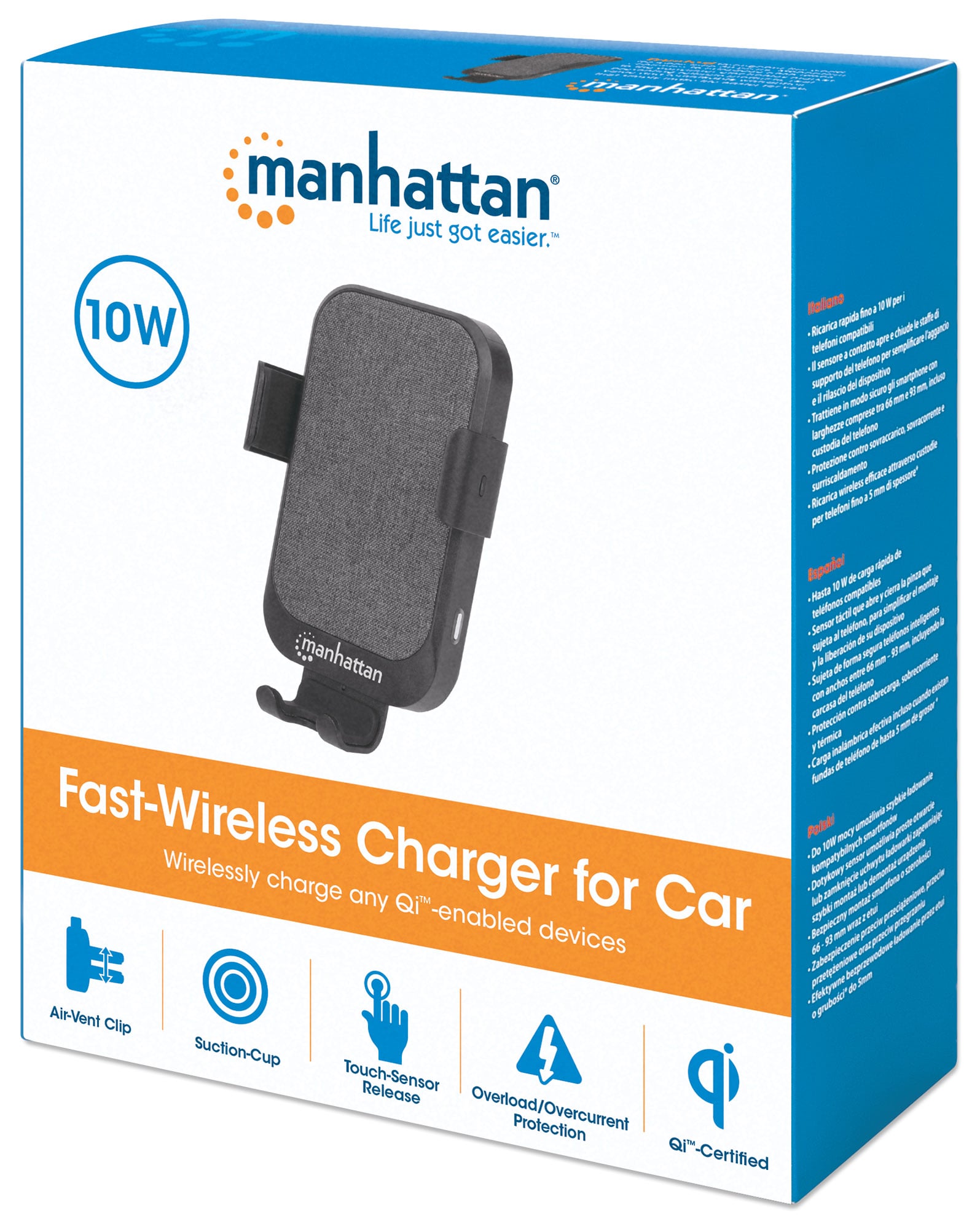 Caricatore rapido da Auto Wireless 10W doppio aggancio e sensore touch - Manhattan I-SMART-WRL10C