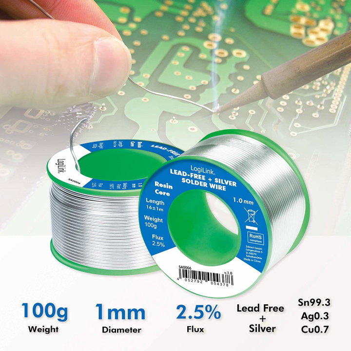 Lead-Free Silver Solder Wire on Reel 0,3% ø 1 mm 100g - Logilink I-ST-1001LFS