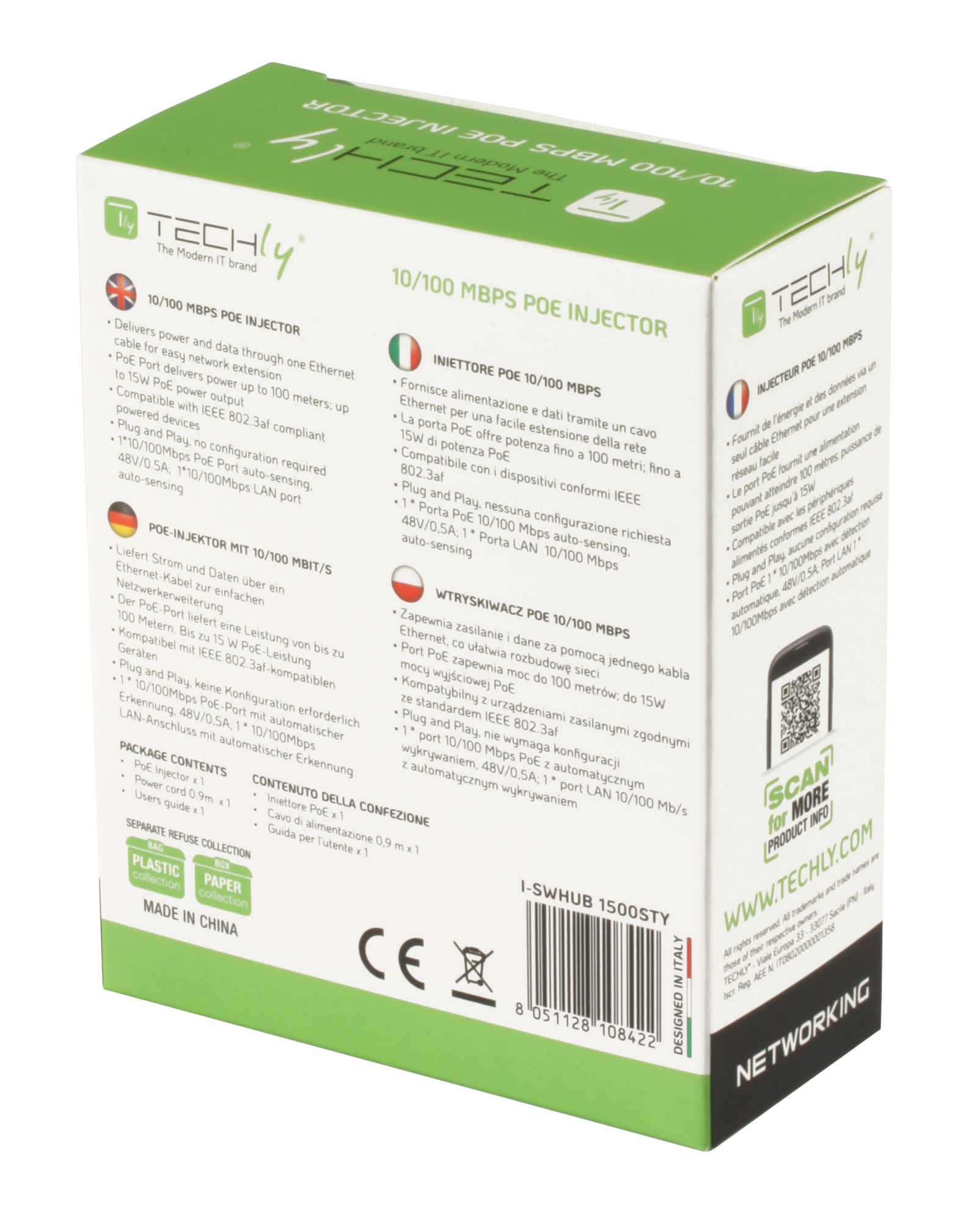 PoE injector 10/100 Mbps 15W - Techly I-SWHUB 1500STY