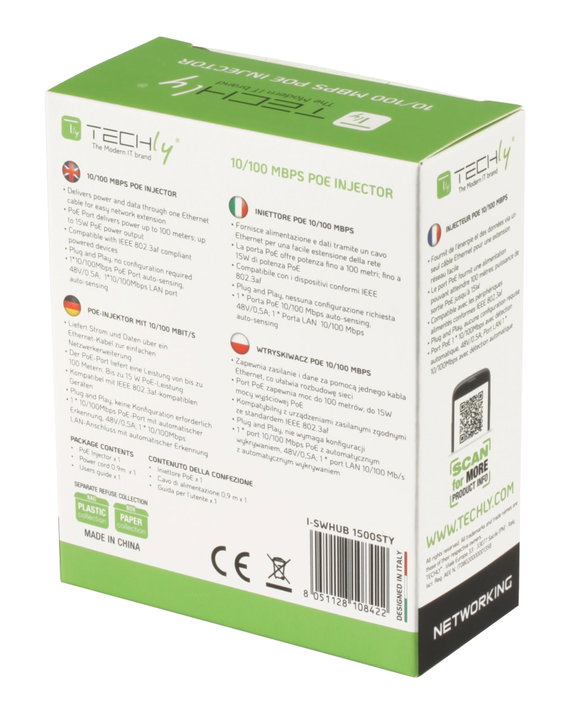 Iniettore PoE 10/100 Mbps 15W - Techly I-SWHUB 1500STY
