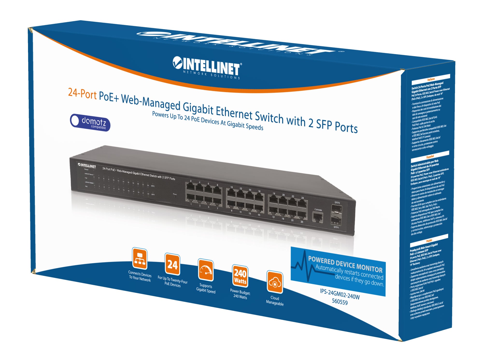 Switch 24 Porte PoE Web-Managed Gigabit Ethernet con 2 Porte SFP - Intellinet I-SWHUB 24GP