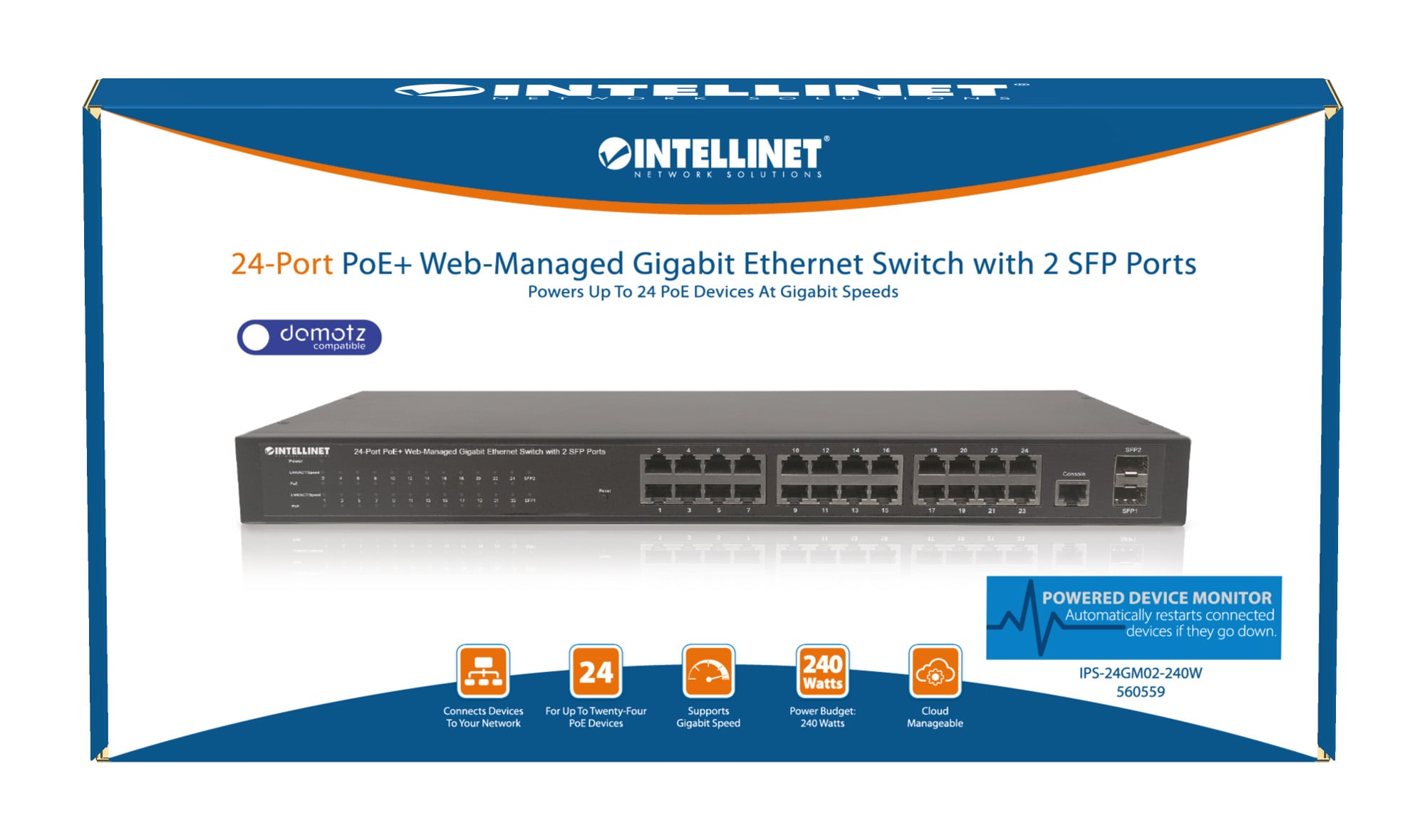 Switch 24 Porte PoE Web-Managed Gigabit Ethernet con 2 Porte SFP - Intellinet I-SWHUB 24GP