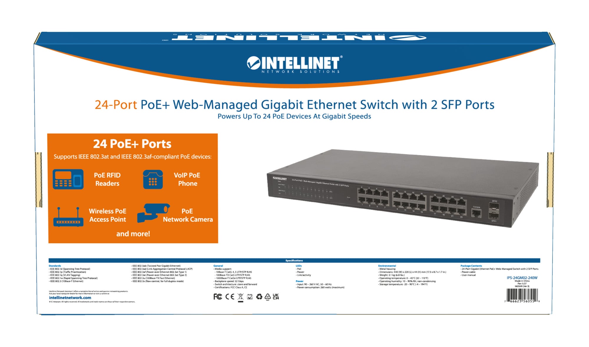 Switch 24 Porte PoE Web-Managed Gigabit Ethernet con 2 Porte SFP - Intellinet I-SWHUB 24GP