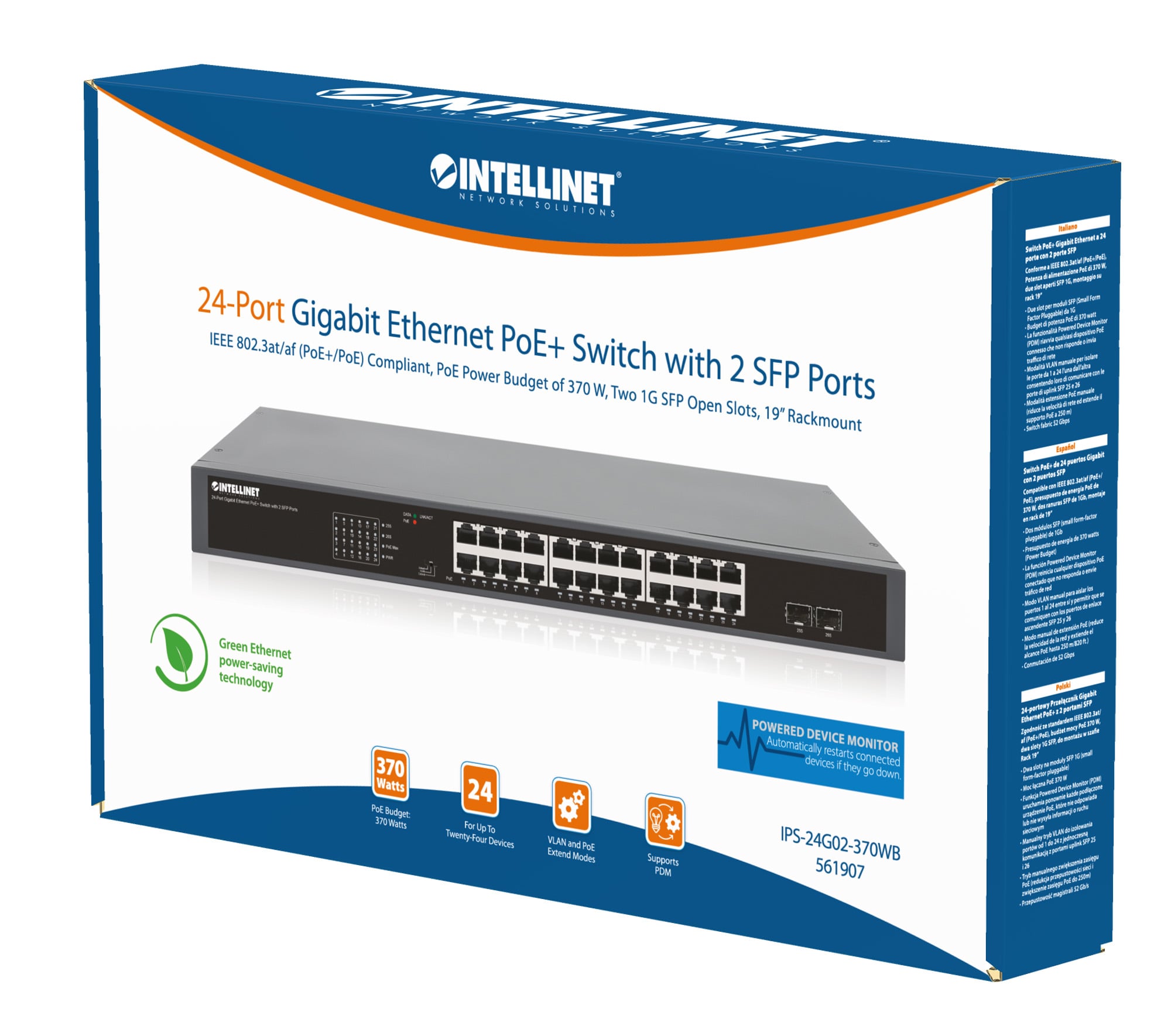 Gigabit Ethernet Switch 24-Porte PoE+ con 2 porte SFP - Intellinet I-SWHUB 24GP2P