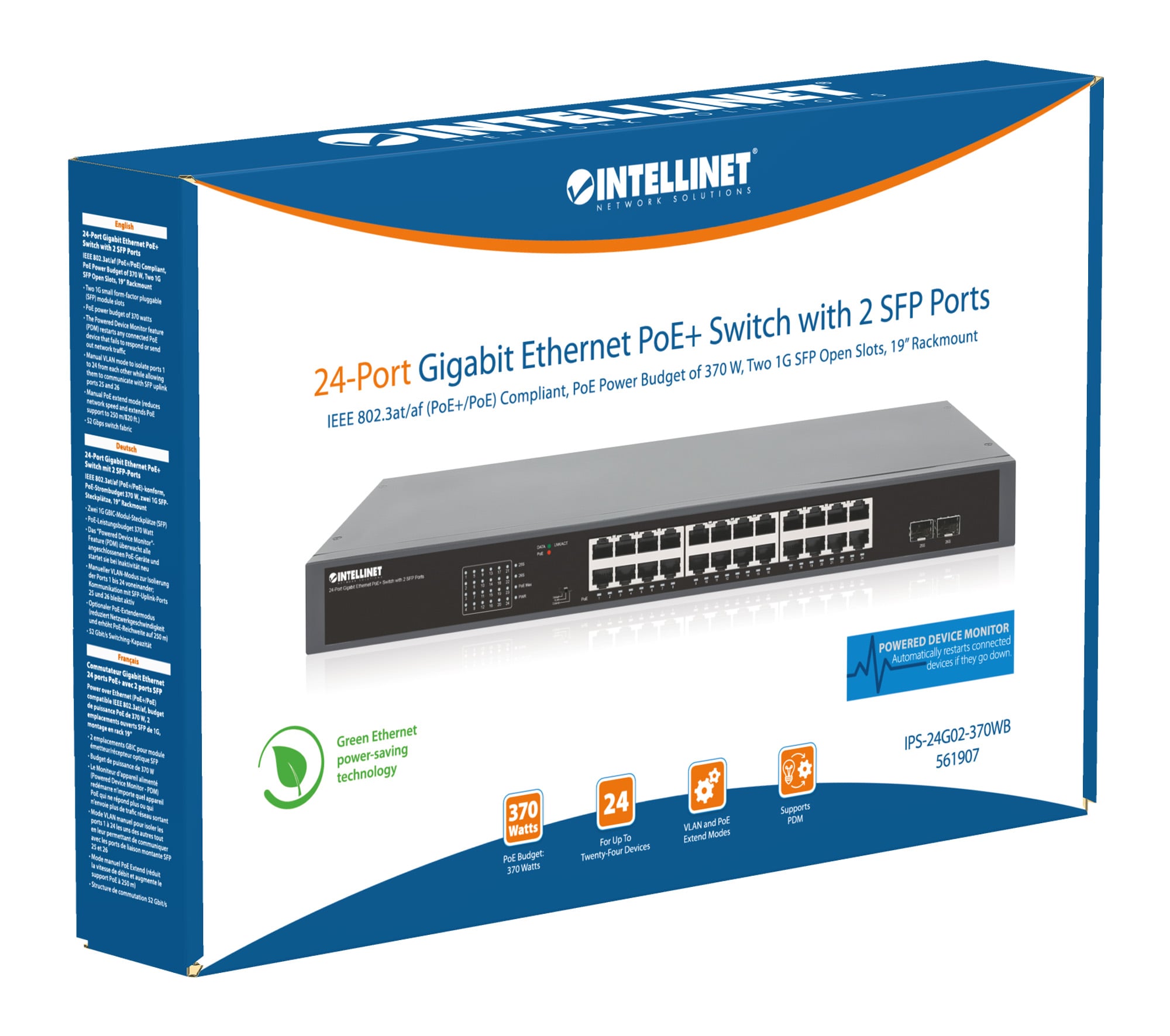 Gigabit Ethernet Switch 24-Porte PoE+ con 2 porte SFP - Intellinet I-SWHUB 24GP2P
