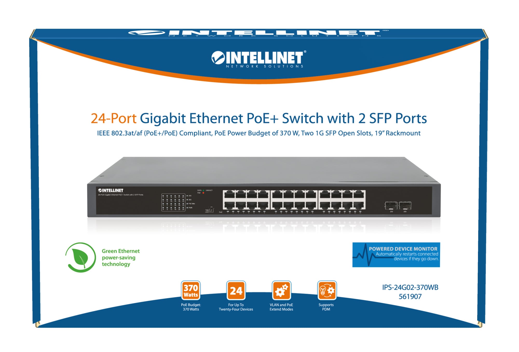 Gigabit Ethernet Switch 24-Porte PoE+ con 2 porte SFP - Intellinet I-SWHUB 24GP2P