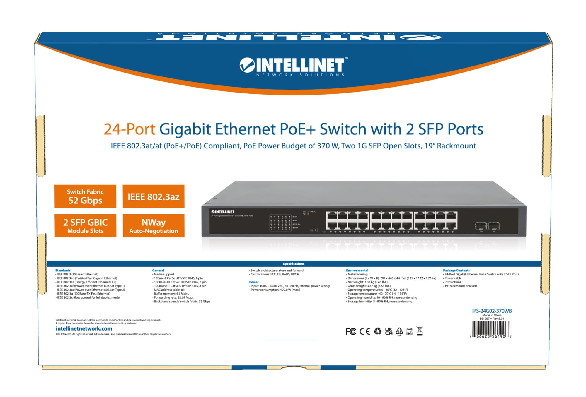 Gigabit Ethernet Switch 24-Porte PoE+ con 2 porte SFP - Intellinet I-SWHUB 24GP2P
