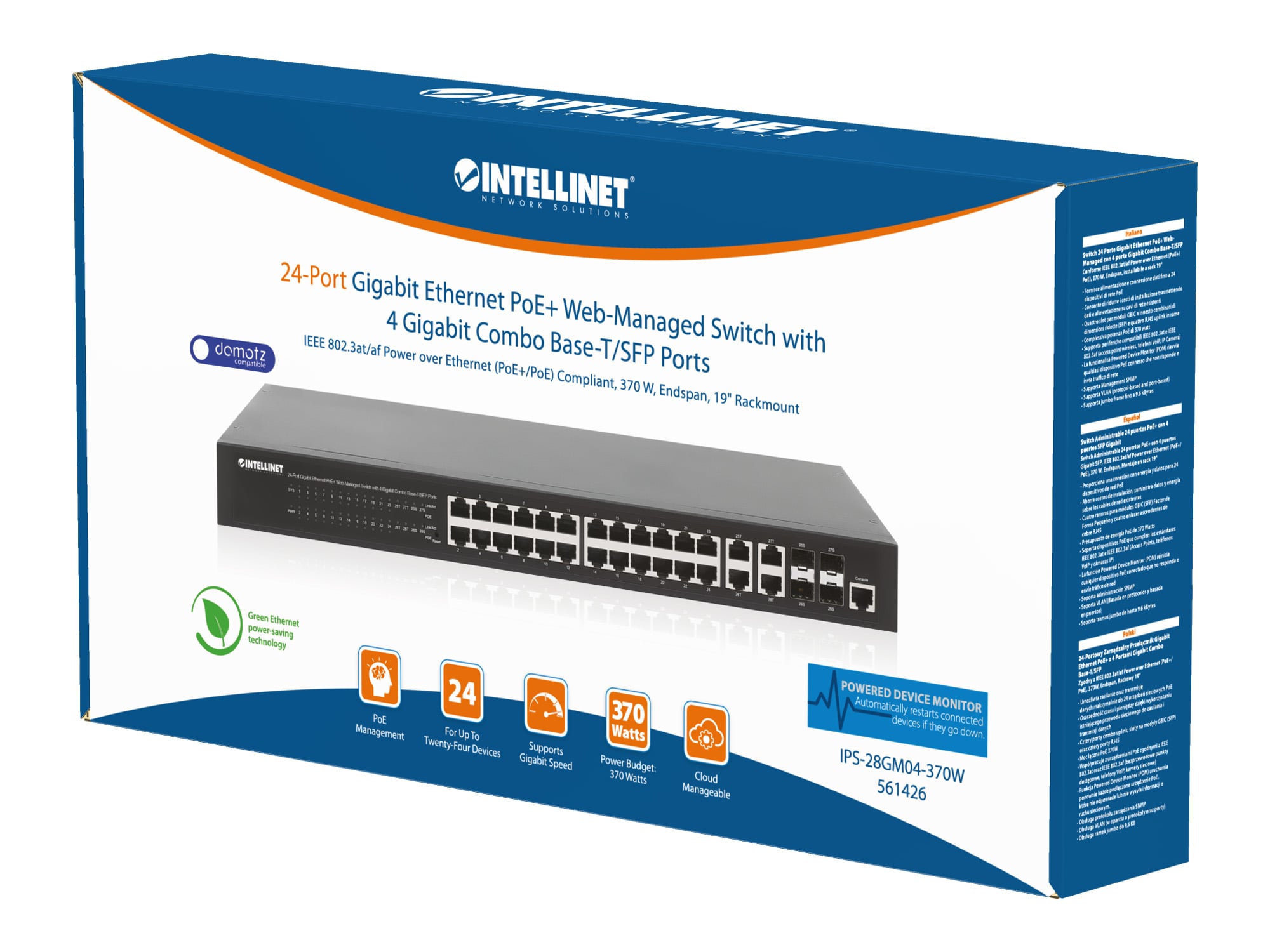 Switch 24p. Gigabit Ethernet PoE+ con 4p. Gigabit Combo Base-T/SFP - Intellinet I-SWHUB 24GP44