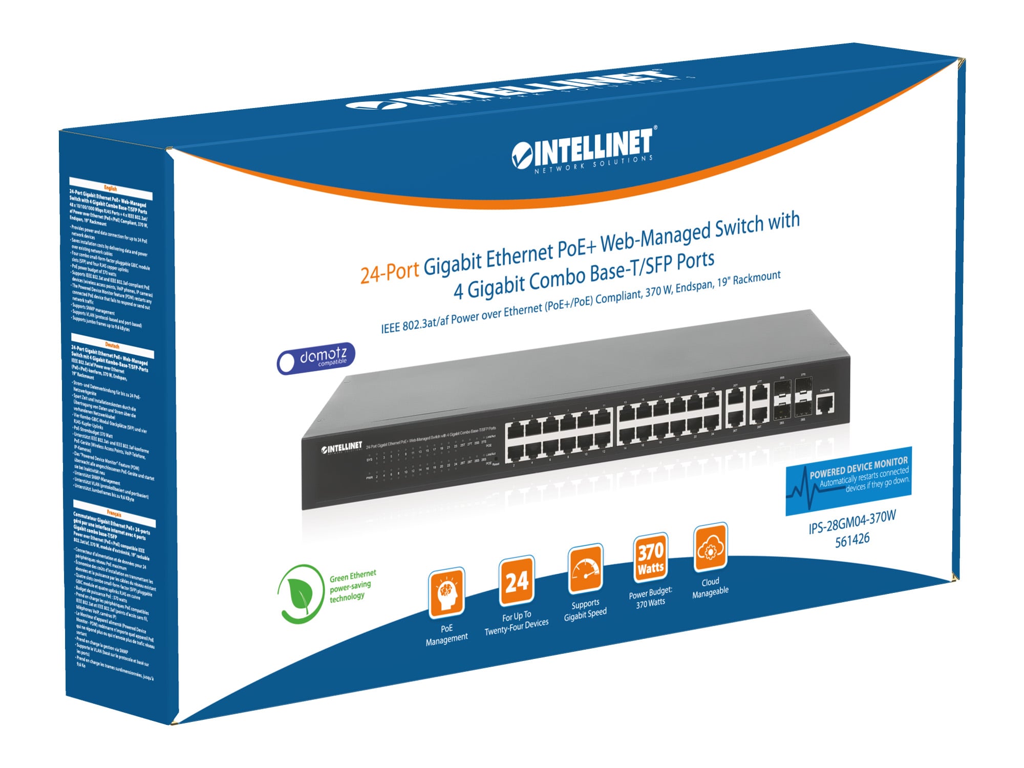 Switch 24p. Gigabit Ethernet PoE+ con 4p. Gigabit Combo Base-T/SFP - Intellinet I-SWHUB 24GP44