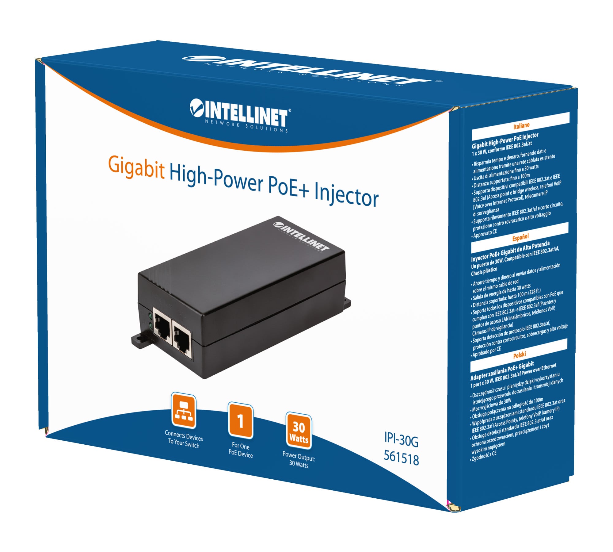 Iniettore Gigabit PoE+ High Power - Intellinet I-SWHUB 3000SI2