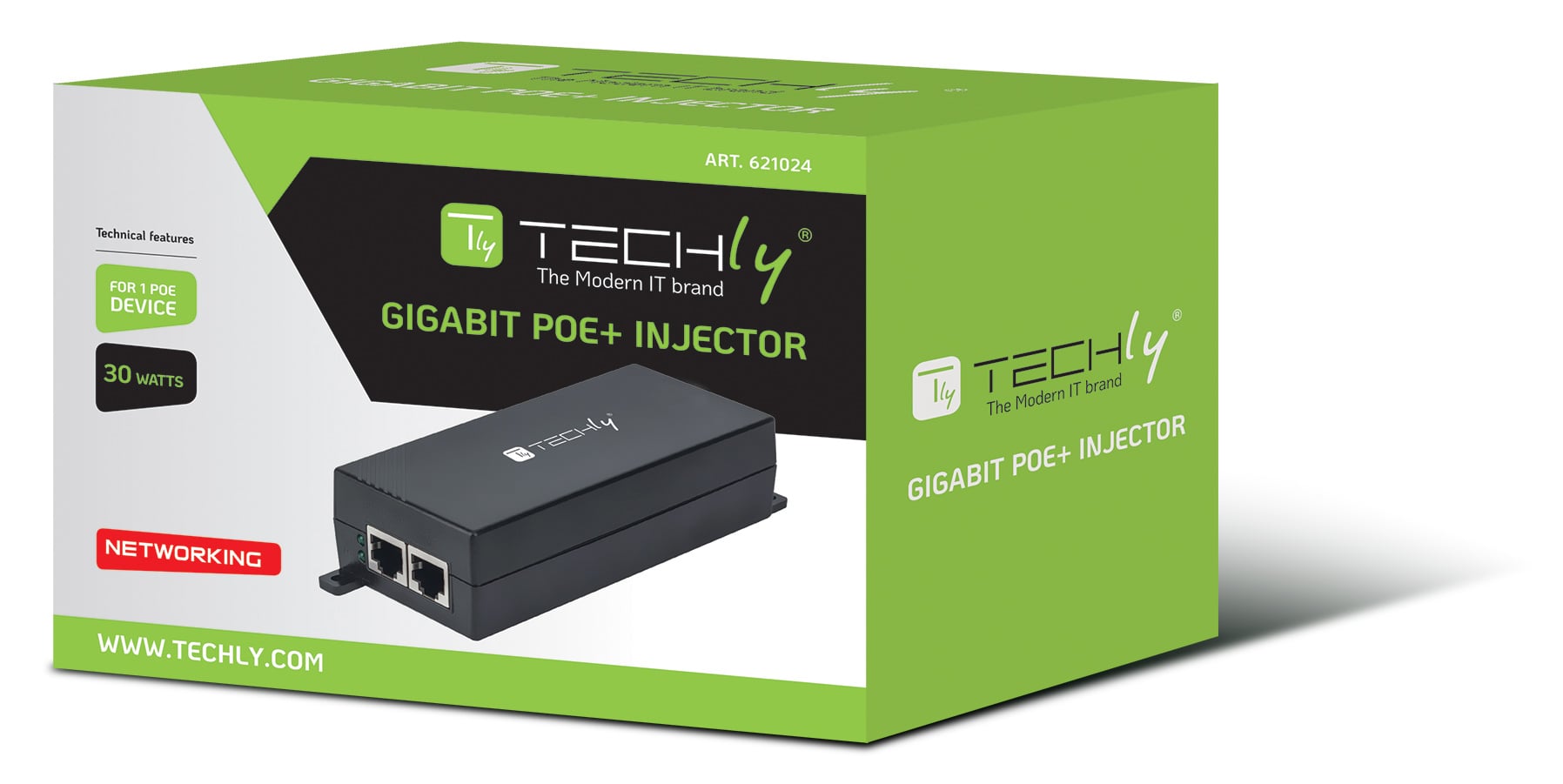 Gigabit PoE+ High Power Injector - Techly I-SWHUB 3000STY2