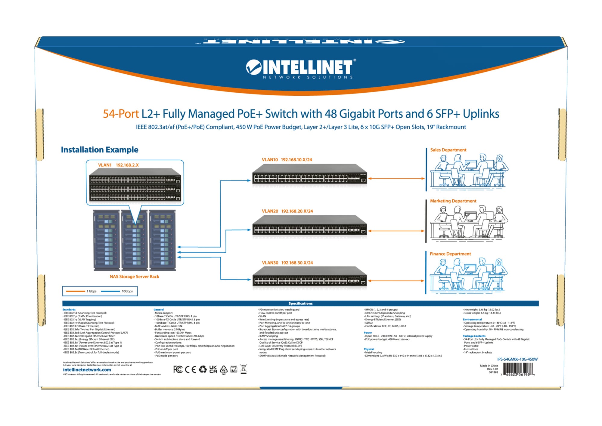 Switch Gigabit Ethernet PoE+ 48 Porte Layer2+ Managed con Sei Slot 10 GbE - Intellinet I-SWHUB 48GP6-45W