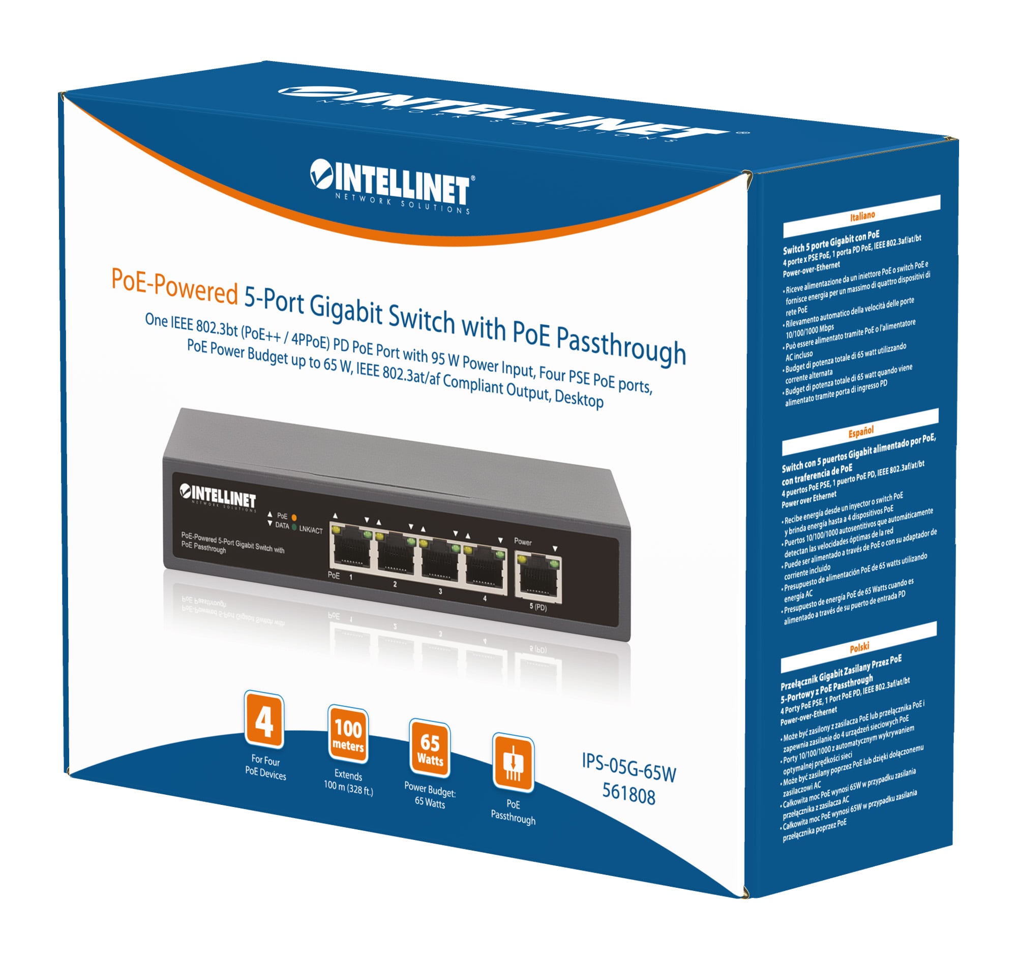 Switch Gigabit a 5 Porte con Alimentazione PoE Passante - Intellinet I-SWHUB 5GPLUS