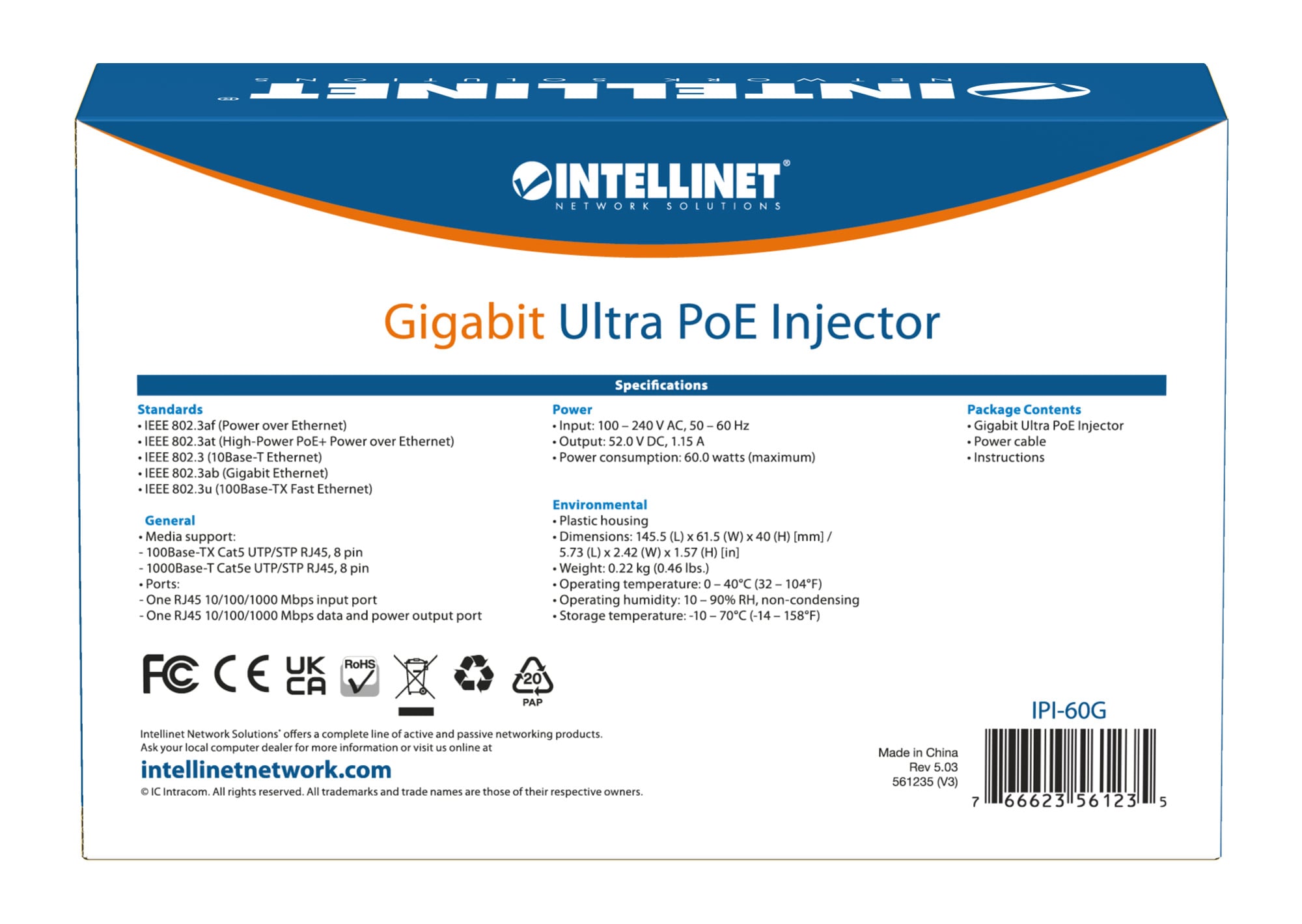 Iniettore Gigabit PoE+ Ultra Power 100m - Intellinet I-SWHUB 6000SI