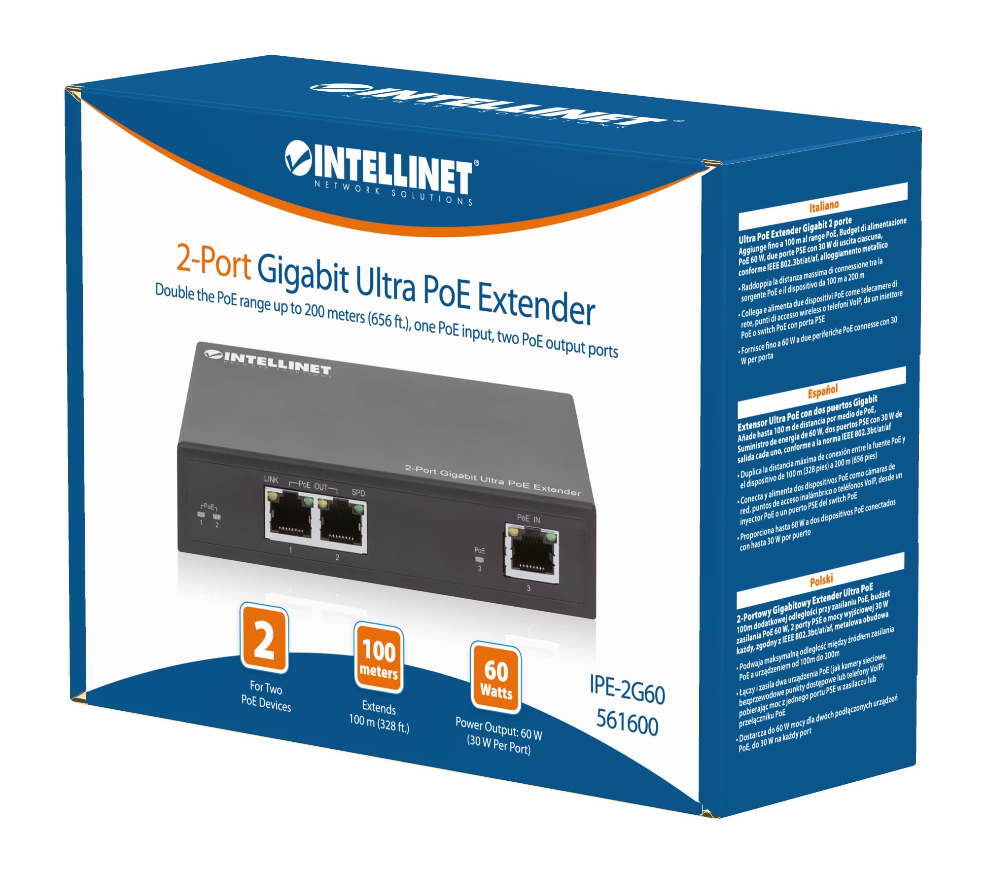 Ultra PoE Extender Gigabit 2 porte - Intellinet I-SWHUB 60W2POE