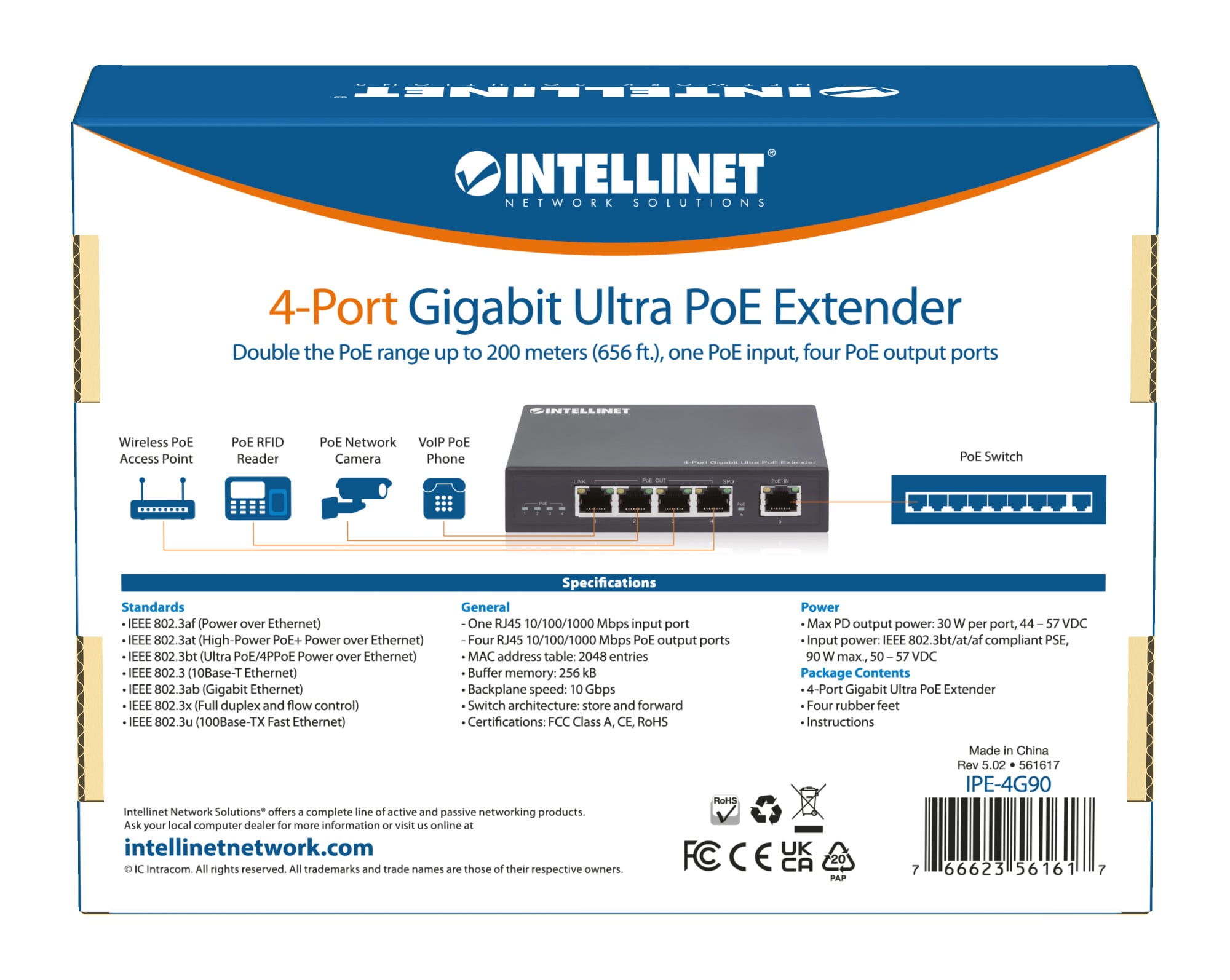 Ultra PoE Extender Gigabit 4 porte - Intellinet I-SWHUB 60W4POE