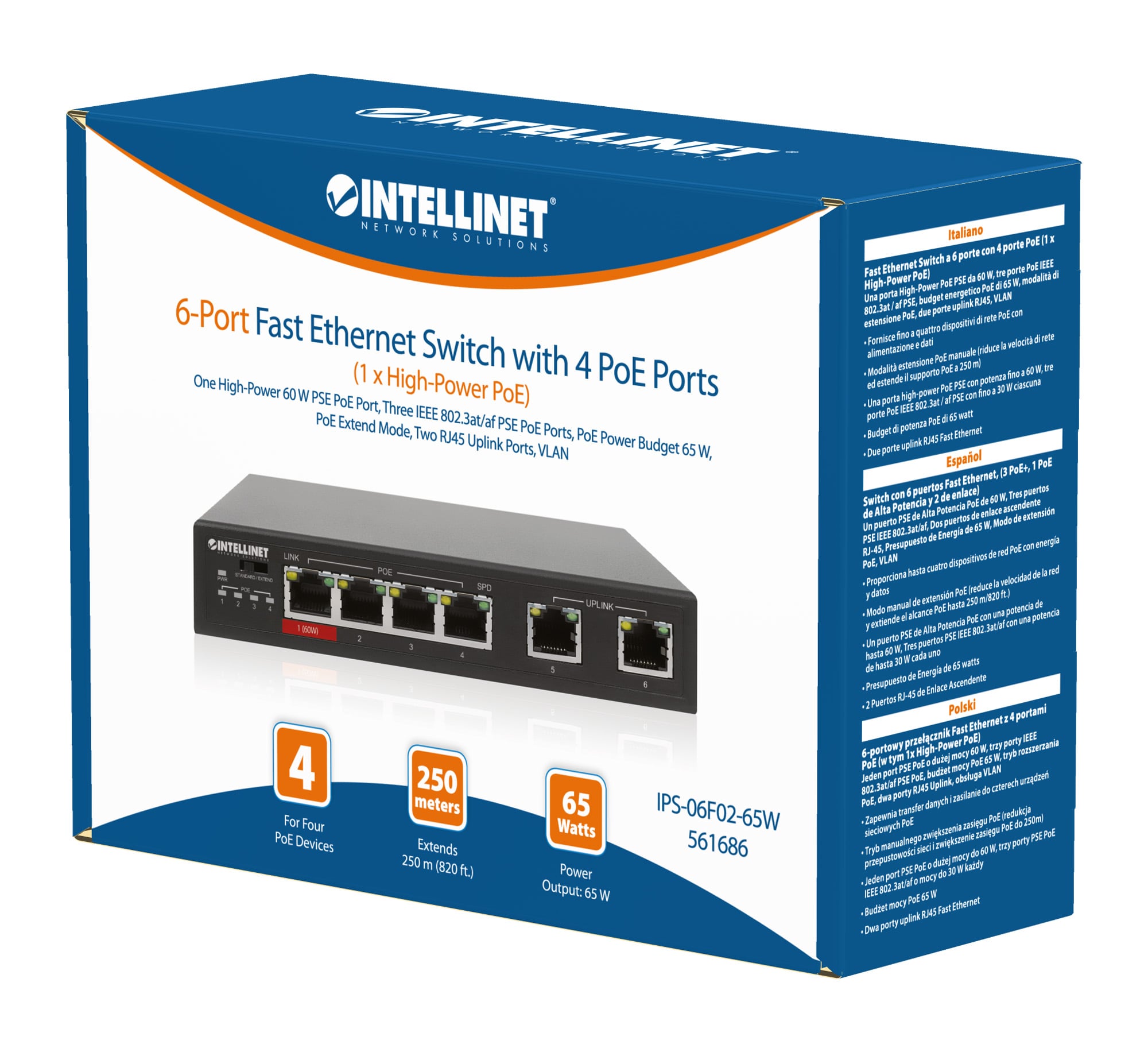 Fast Ethernet Switch a 6 porte con 4 porte PoE (1 x High-Power PoE) - Intellinet I-SWHUB 60W6POE