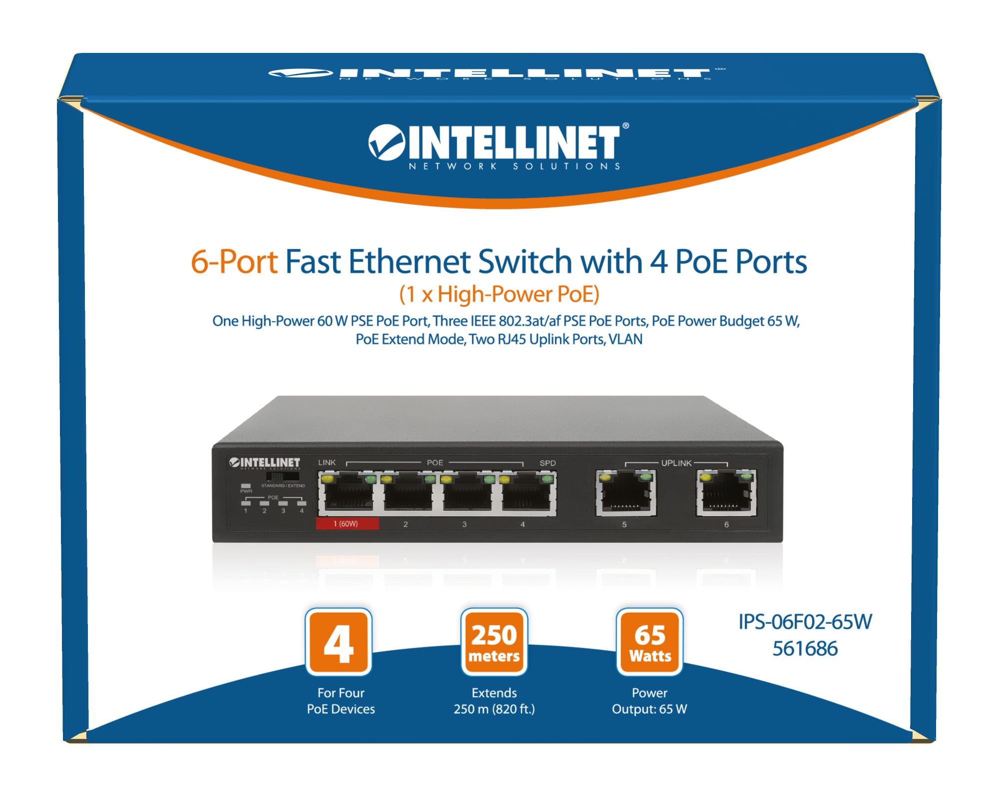 Fast Ethernet Switch a 6 porte con 4 porte PoE (1 x High-Power PoE) - Intellinet I-SWHUB 60W6POE