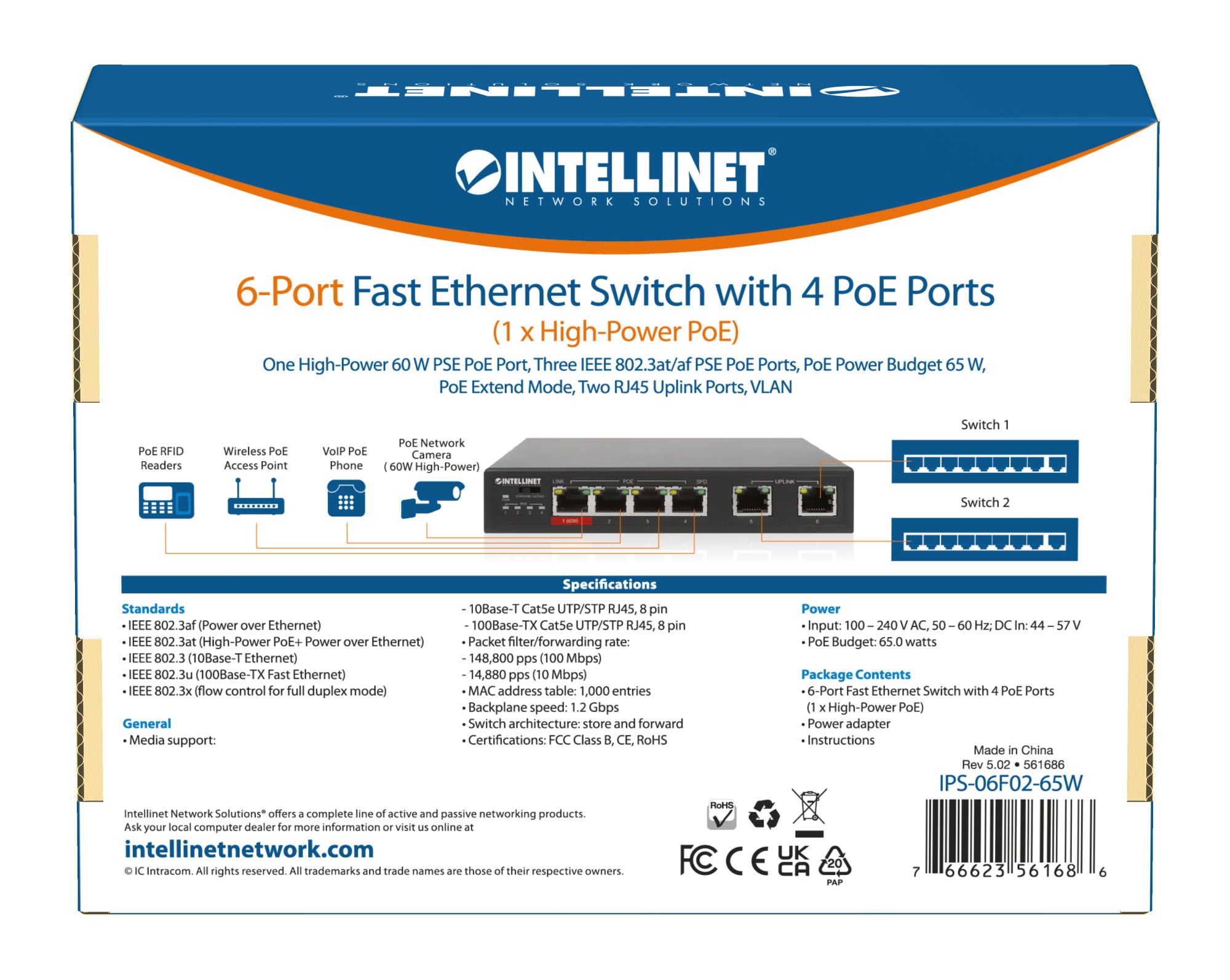 Fast Ethernet Switch a 6 porte con 4 porte PoE (1 x High-Power PoE) - Intellinet I-SWHUB 60W6POE