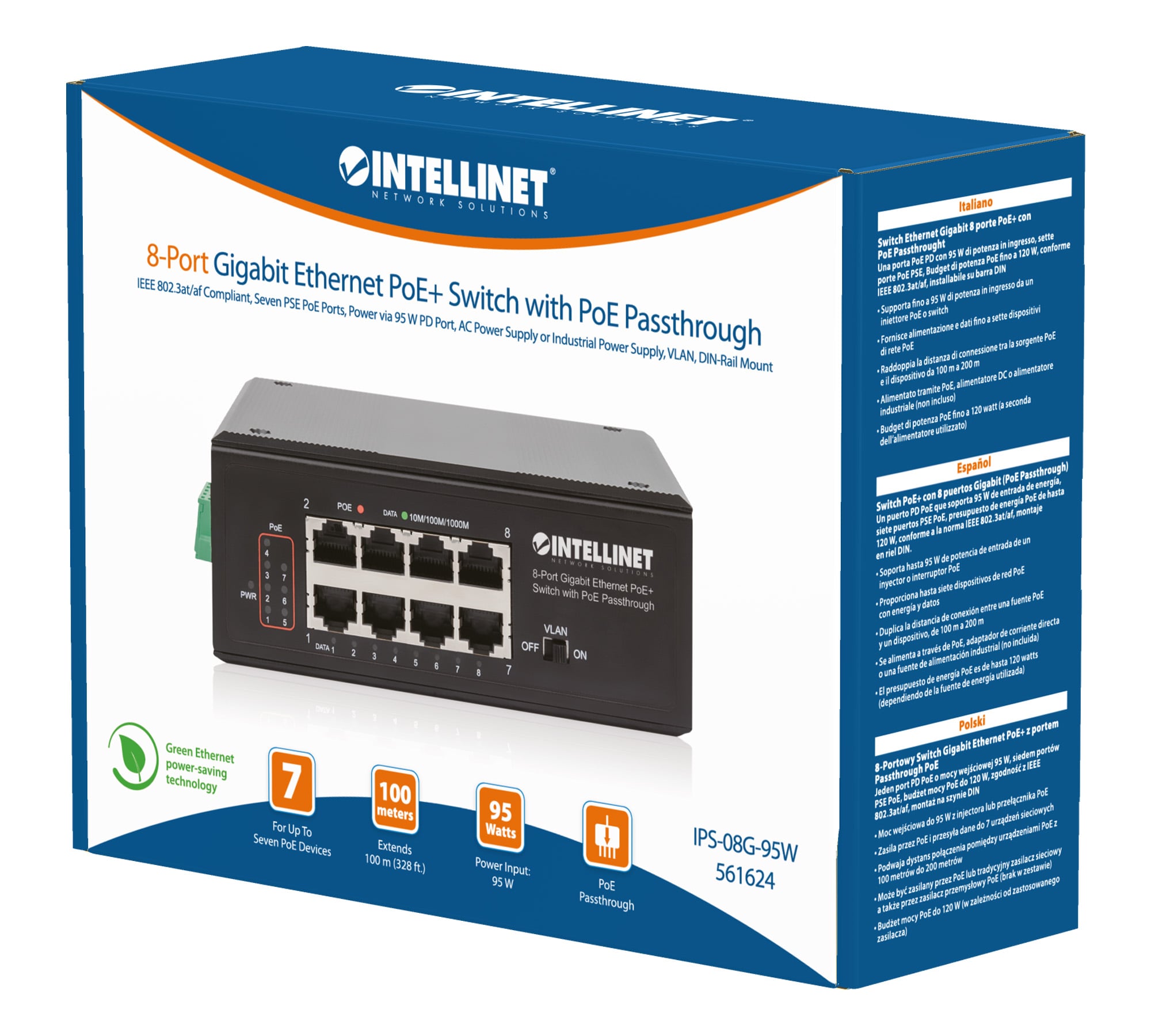 Switch Ethernet Gigabit 8 porte PoE+ con PoE Passante - Intellinet I-SWHUB 7GPU1PD