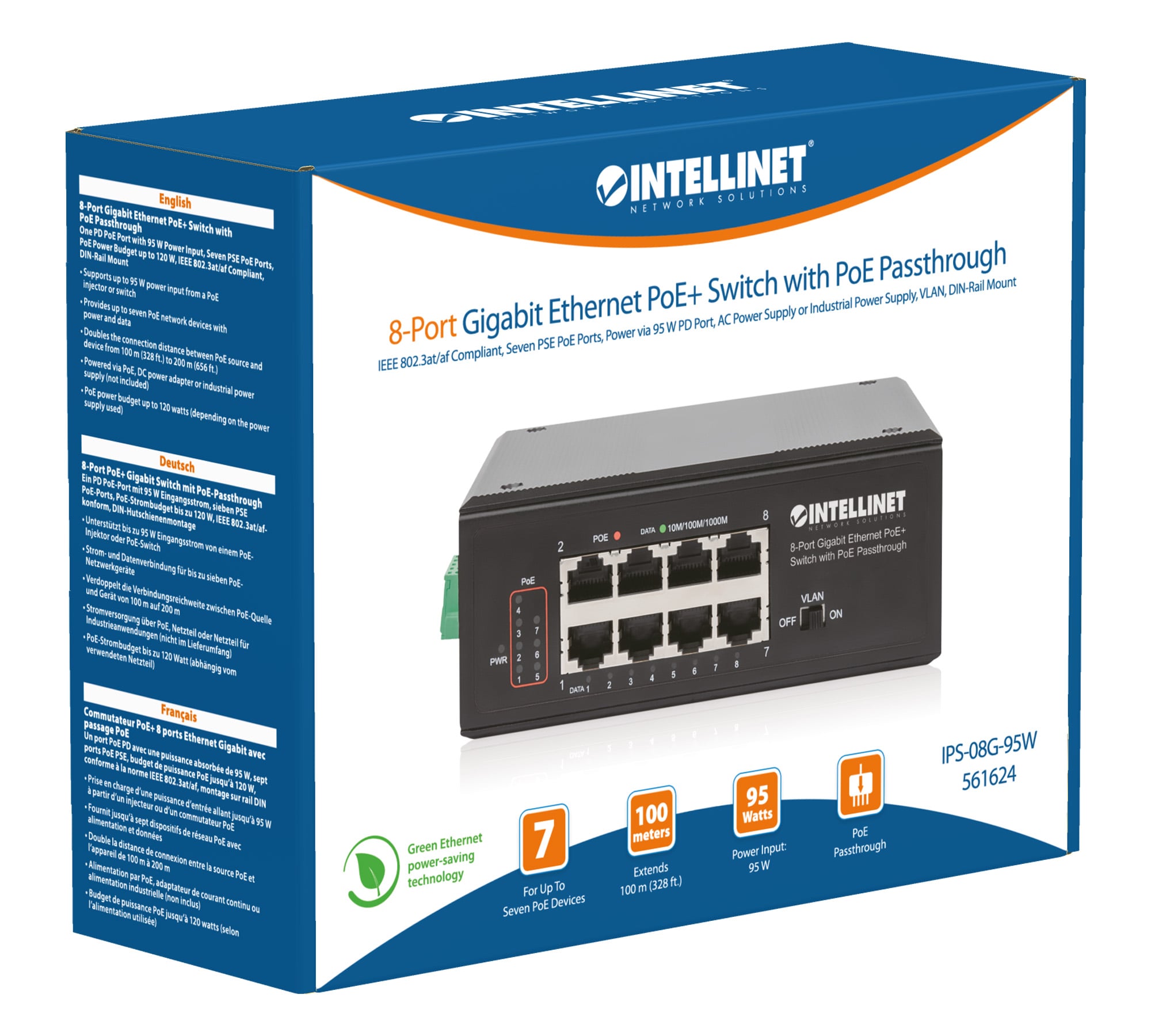 Switch Ethernet Gigabit 8 porte PoE+ con PoE Passante - Intellinet I-SWHUB 7GPU1PD