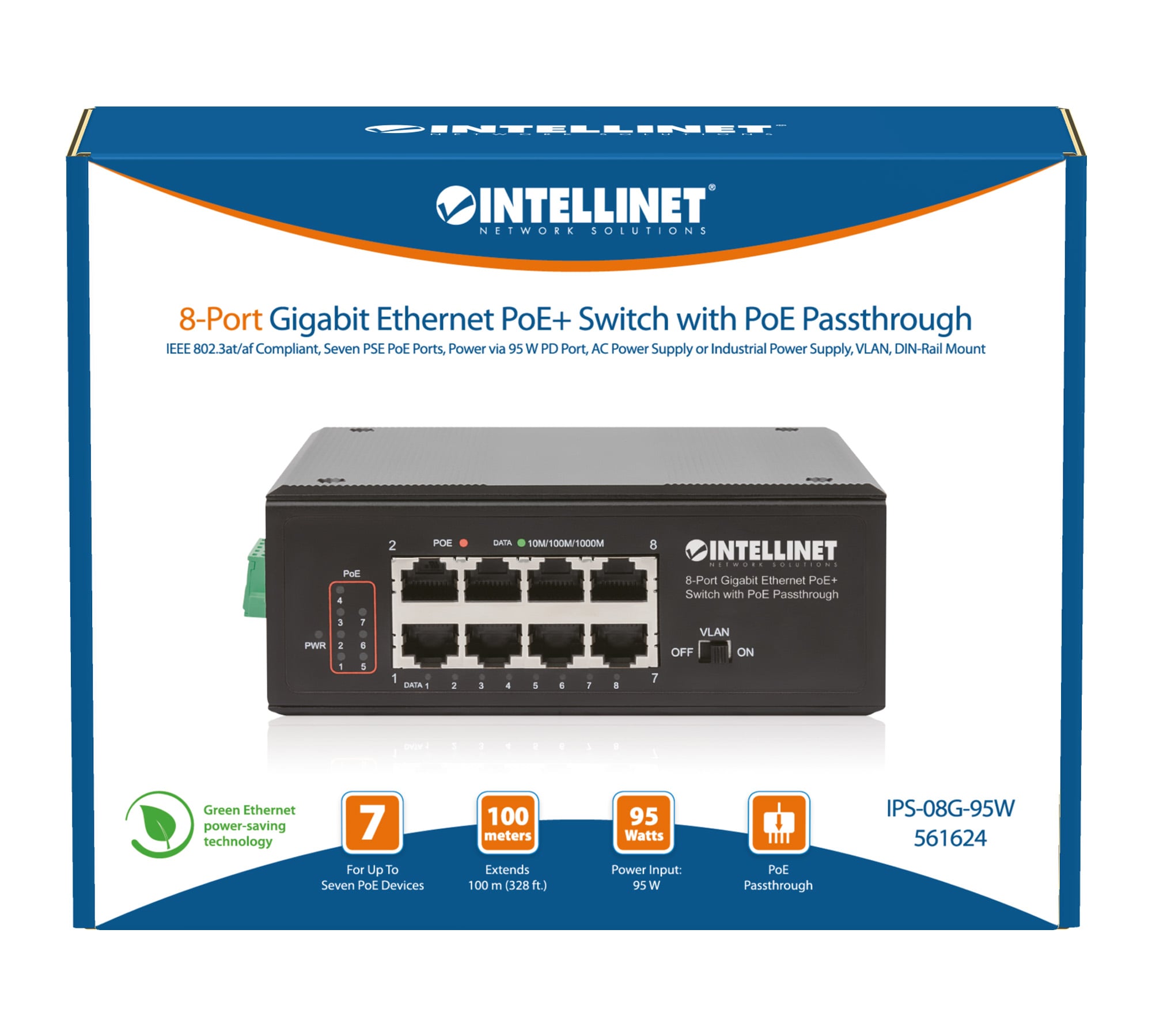 Switch Ethernet Gigabit 8 porte PoE+ con PoE Passante - Intellinet I-SWHUB 7GPU1PD