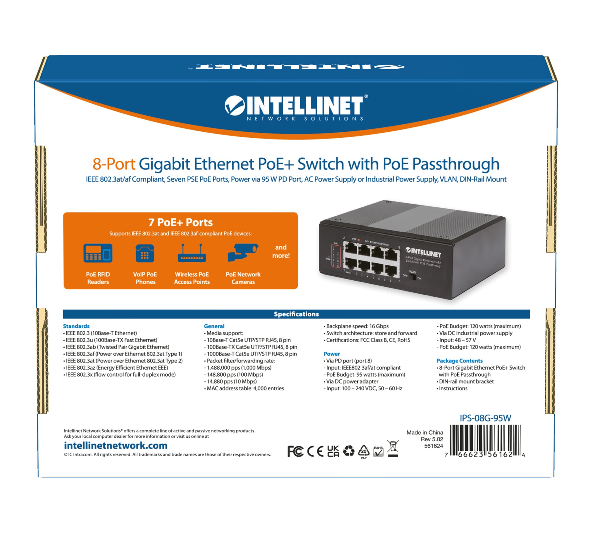 Switch Ethernet Gigabit 8 porte PoE+ con PoE Passante - Intellinet I-SWHUB 7GPU1PD