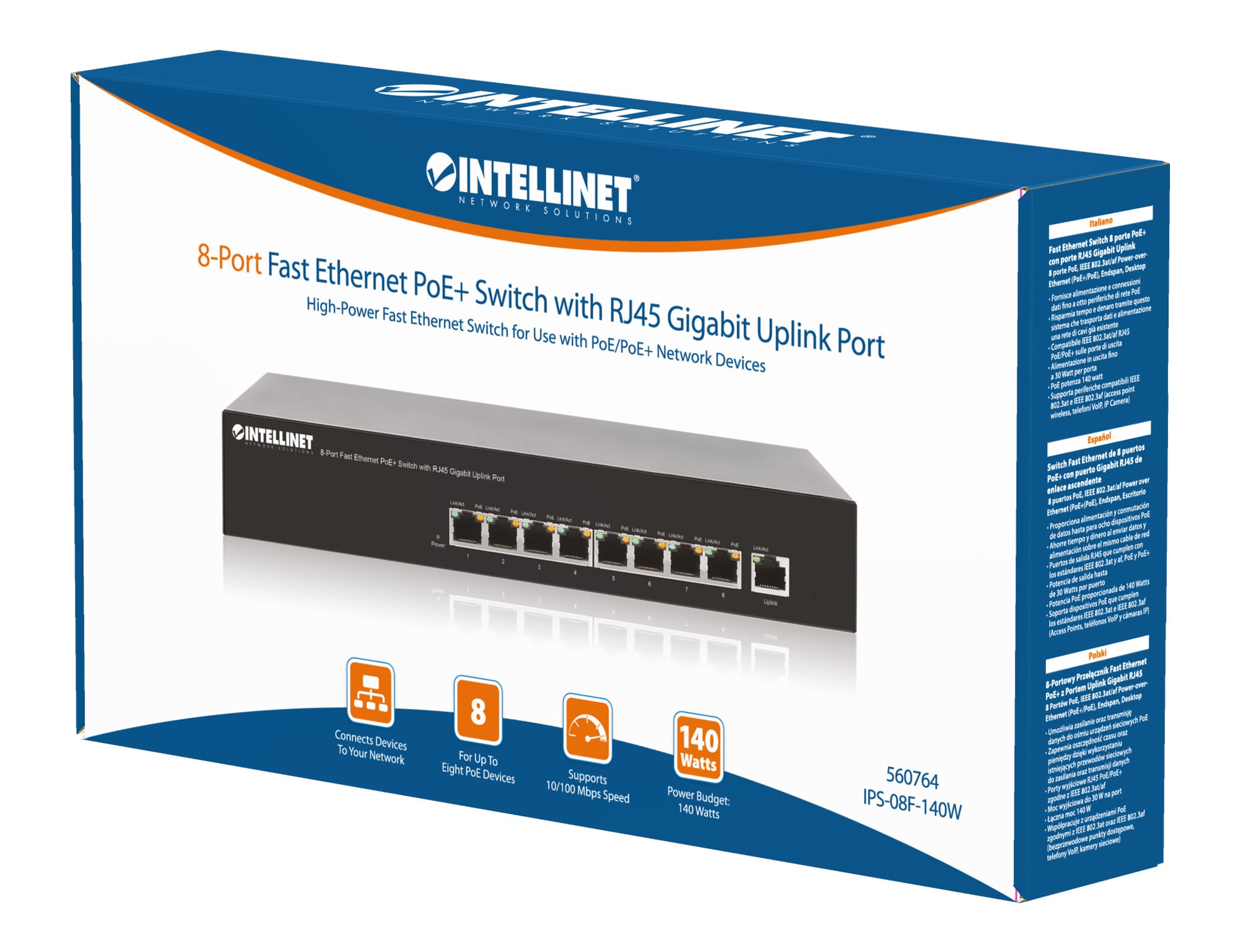 Switch PoE+ 8 Porte 10/100, Desktop / Rack - Intellinet I-SWHUB 88PLUS