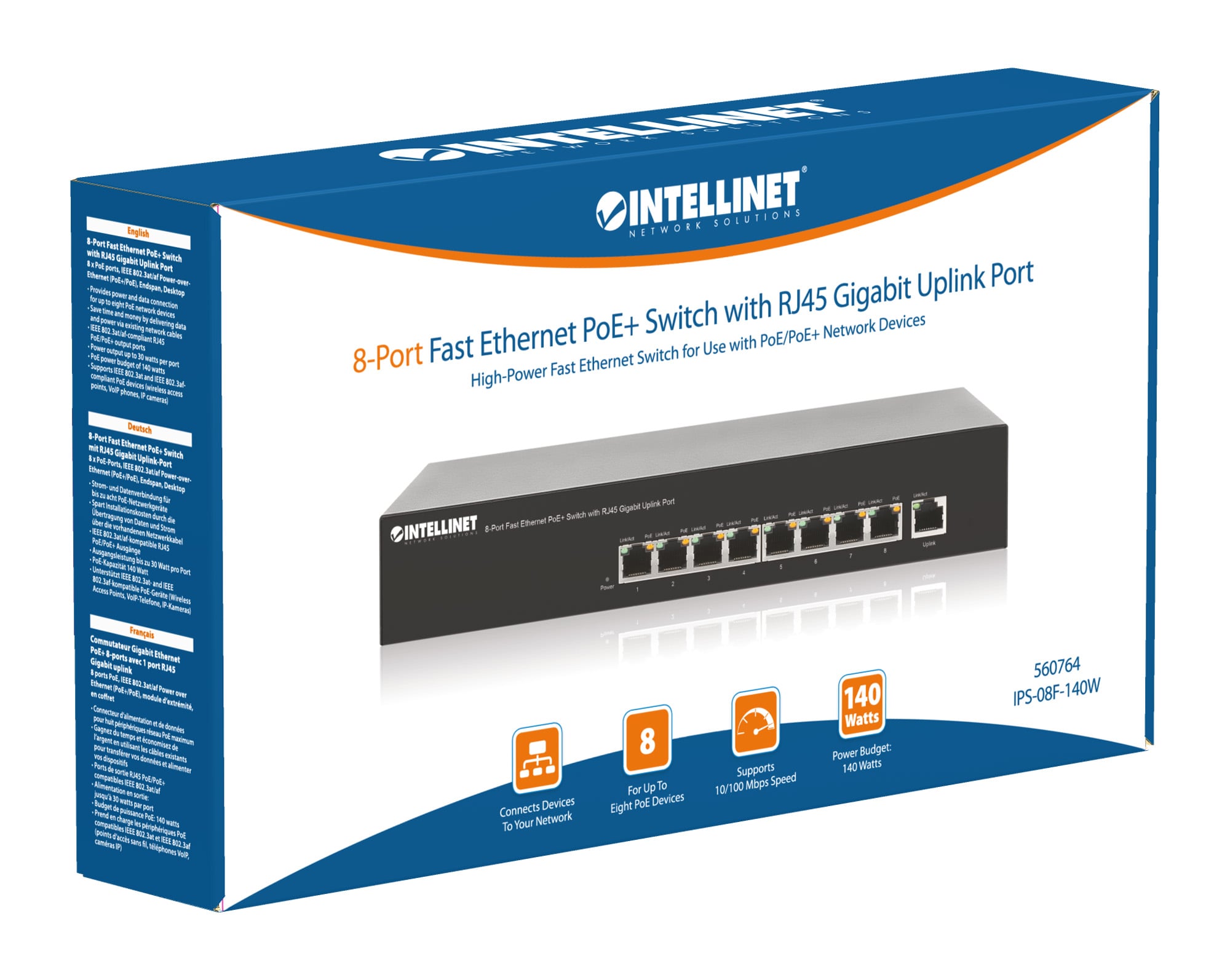 Switch PoE+ 8 Porte 10/100, Desktop / Rack - Intellinet I-SWHUB 88PLUS