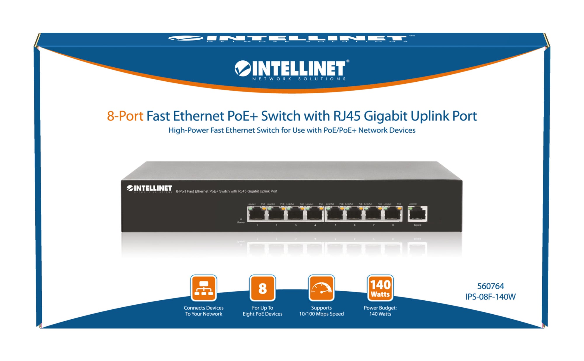 Switch PoE+ 8 Porte 10/100, Desktop / Rack - Intellinet I-SWHUB 88PLUS