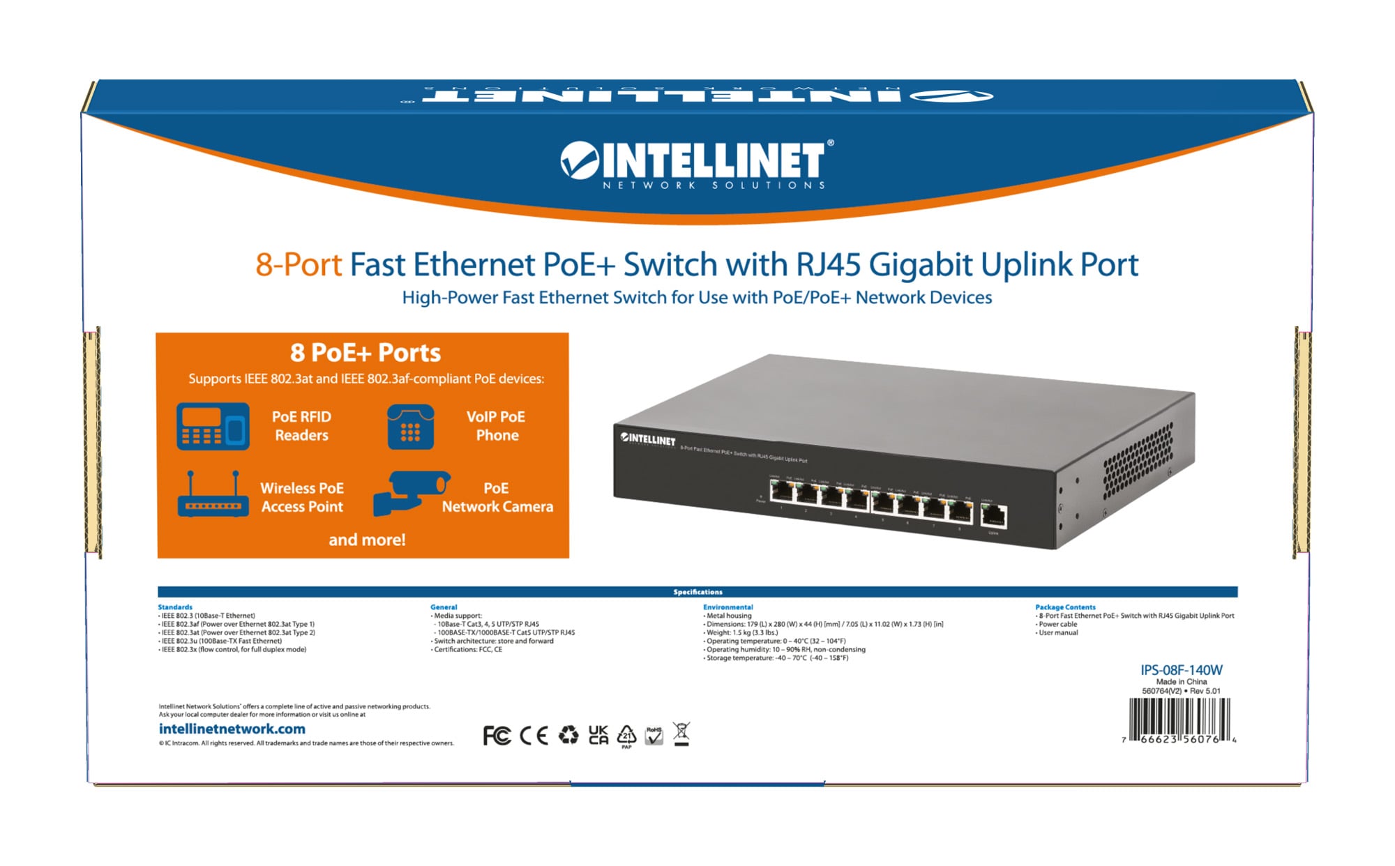 Switch PoE+ 8 Porte 10/100, Desktop / Rack - Intellinet I-SWHUB 88PLUS