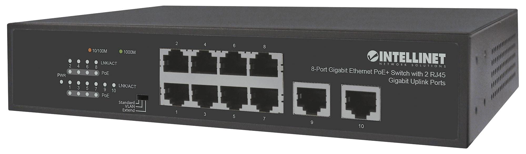 Switch Ethernet Gigabit 8 Porte PoE+ con 2 porte RJ45 Gigabit Uplink - Intellinet I-SWHUB 8GP2U