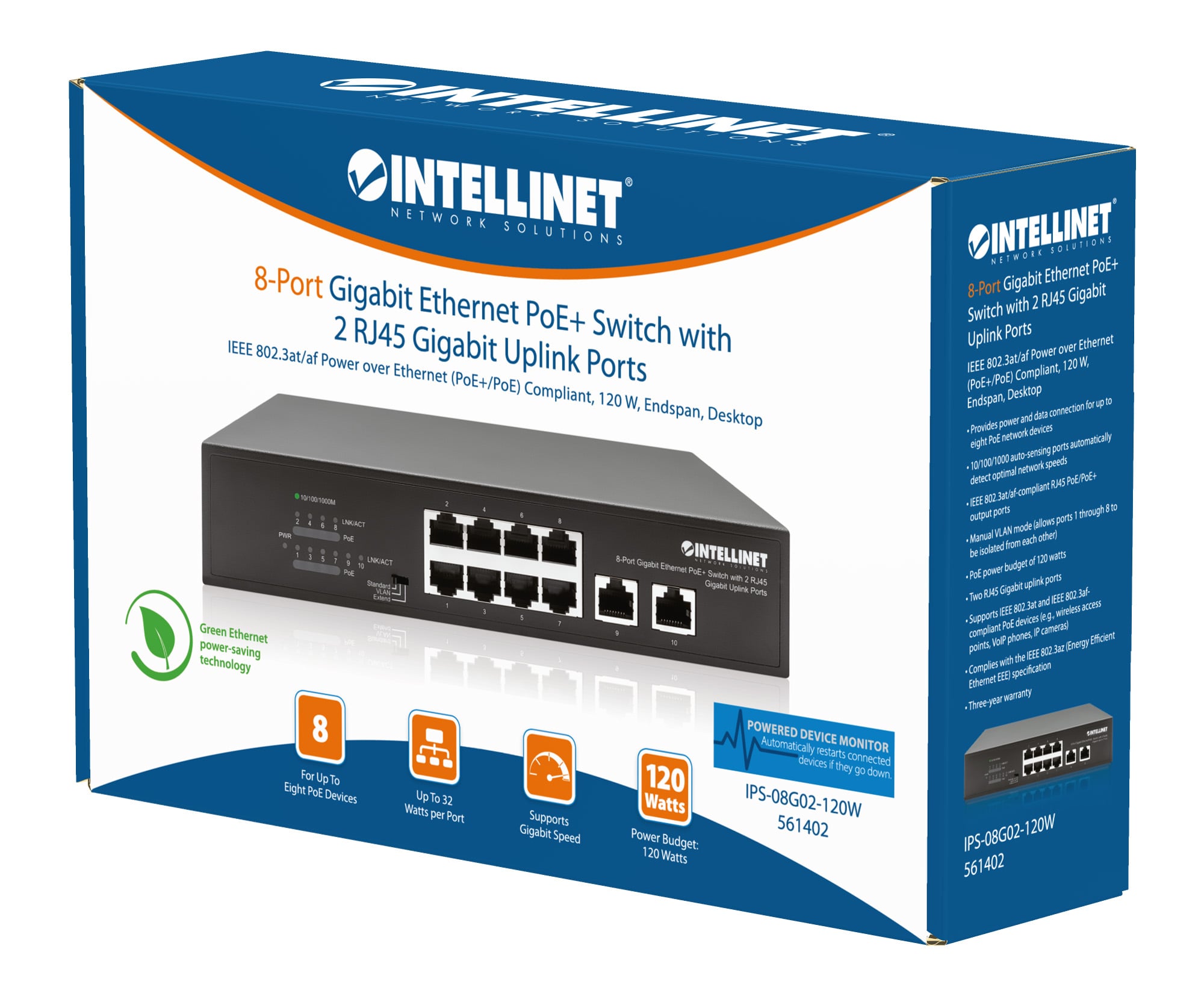 Switch Ethernet Gigabit 8 Porte PoE+ con 2 porte RJ45 Gigabit Uplink - Intellinet I-SWHUB 8GP2U