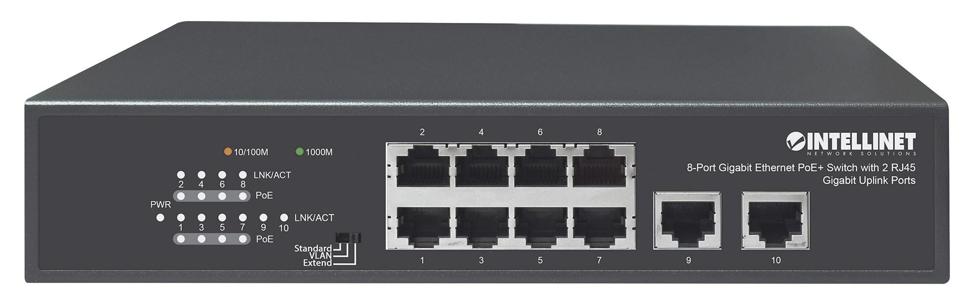 Switch Ethernet Gigabit 8 Porte PoE+ con 2 porte RJ45 Gigabit Uplink - Intellinet I-SWHUB 8GP2U