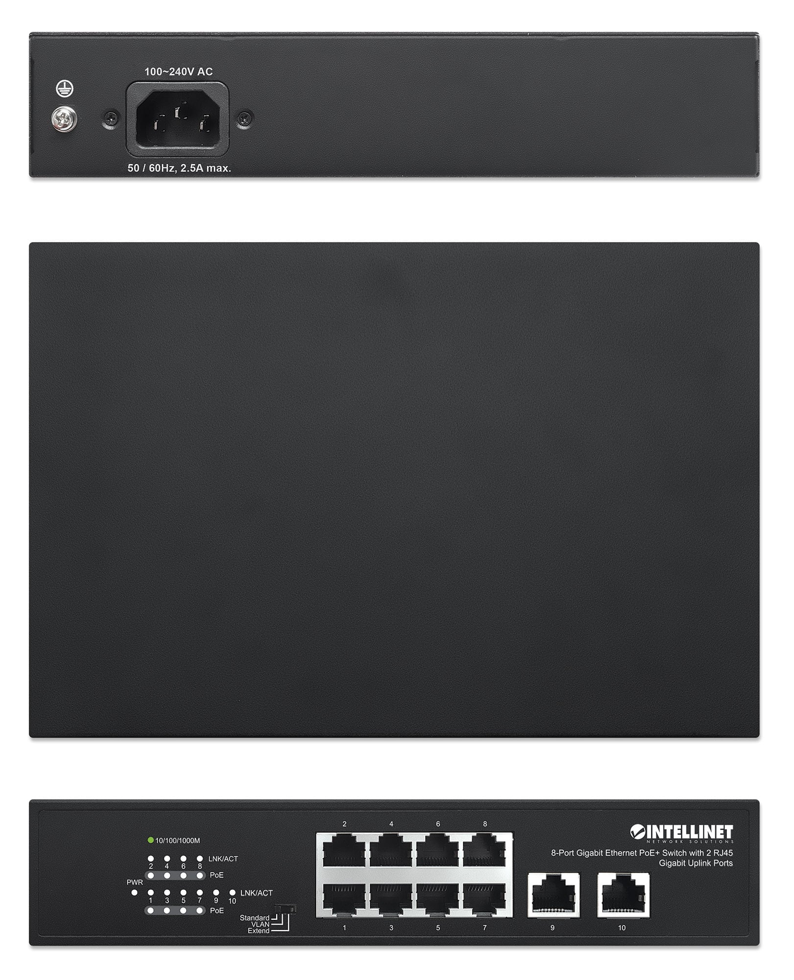 Switch Ethernet Gigabit 8 Porte PoE+ con 2 porte RJ45 Gigabit Uplink - Intellinet I-SWHUB 8GP2U