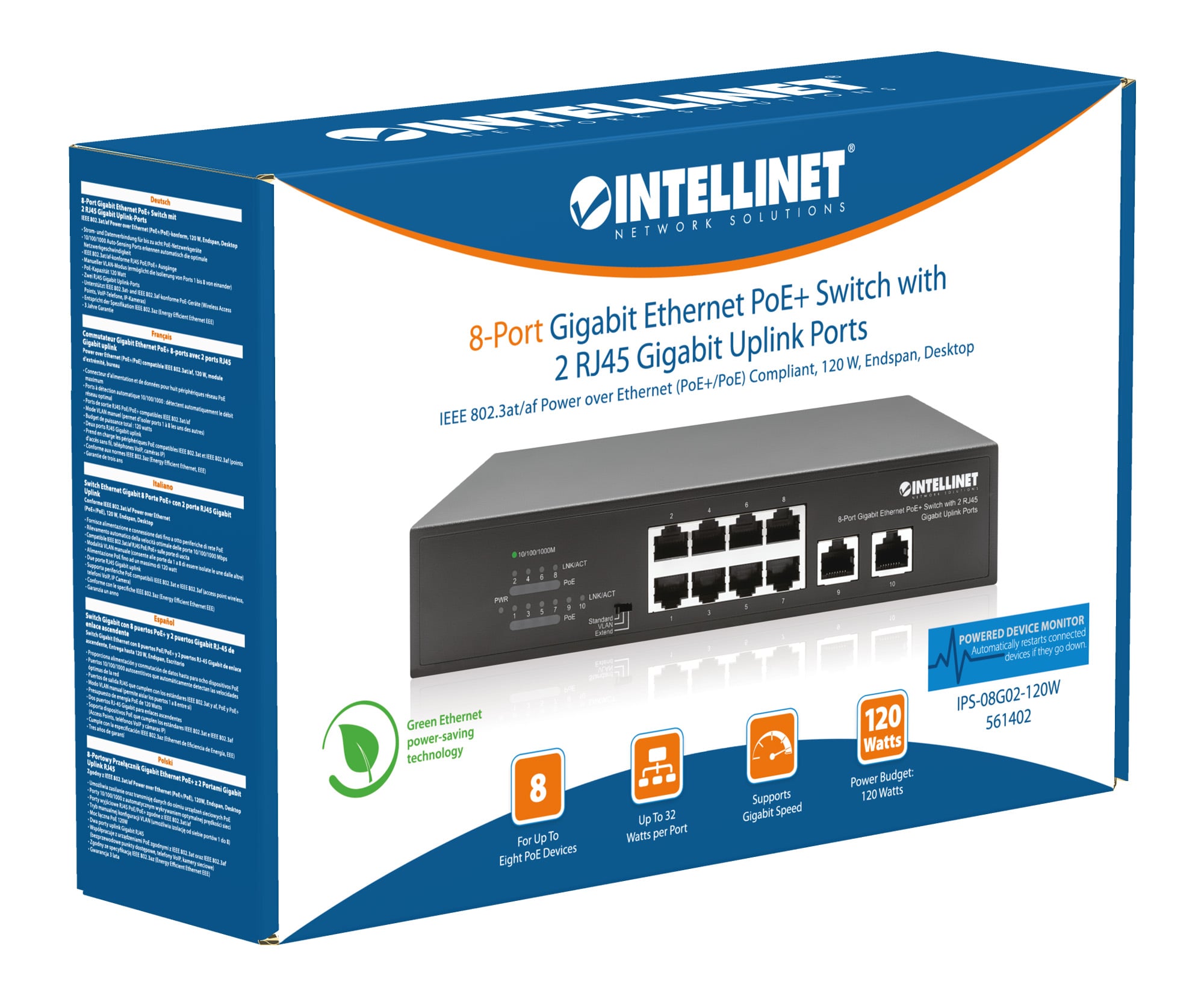 Switch Ethernet Gigabit 8 Porte PoE+ con 2 porte RJ45 Gigabit Uplink - Intellinet I-SWHUB 8GP2U