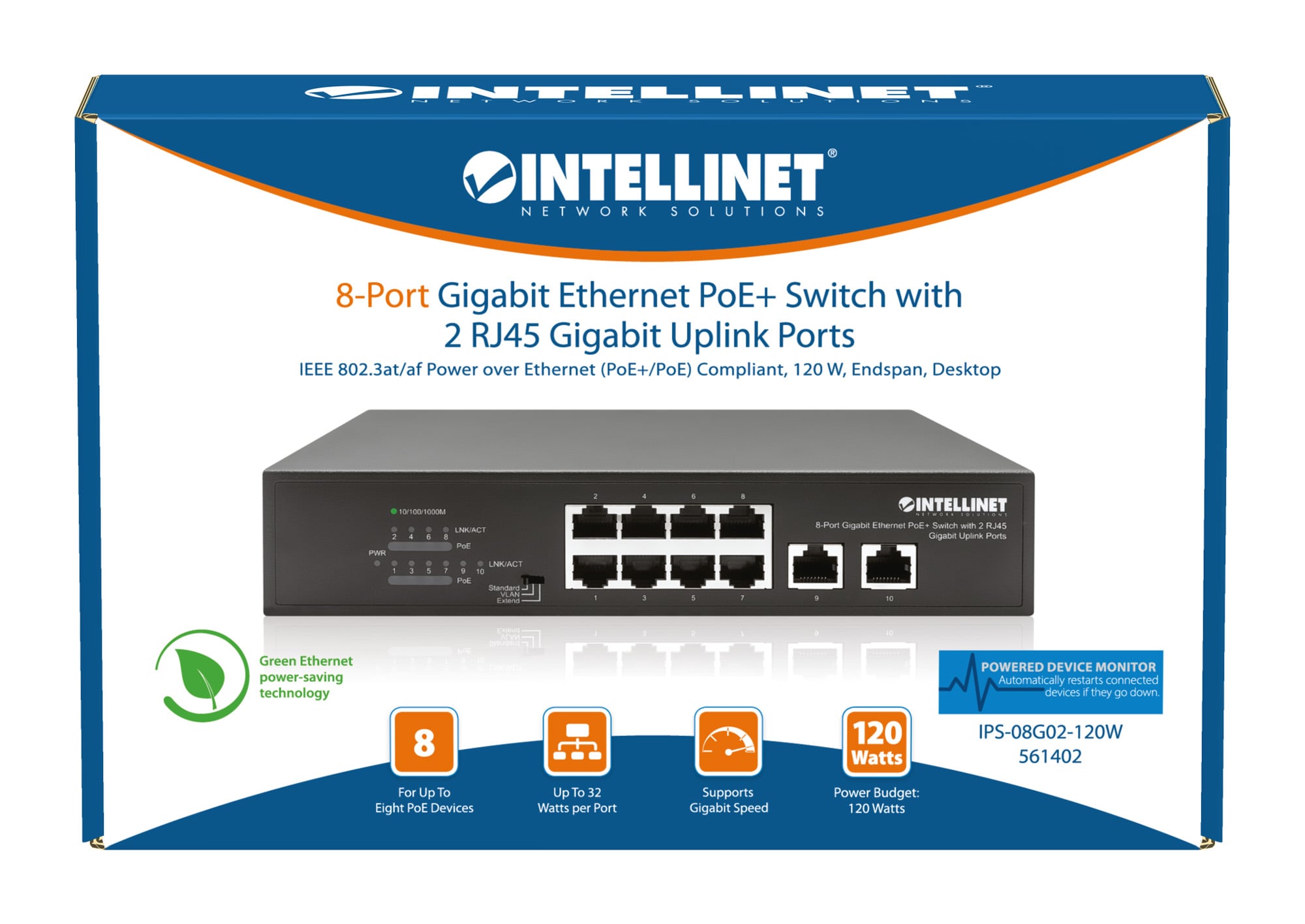 Switch Ethernet Gigabit 8 Porte PoE+ con 2 porte RJ45 Gigabit Uplink - Intellinet I-SWHUB 8GP2U