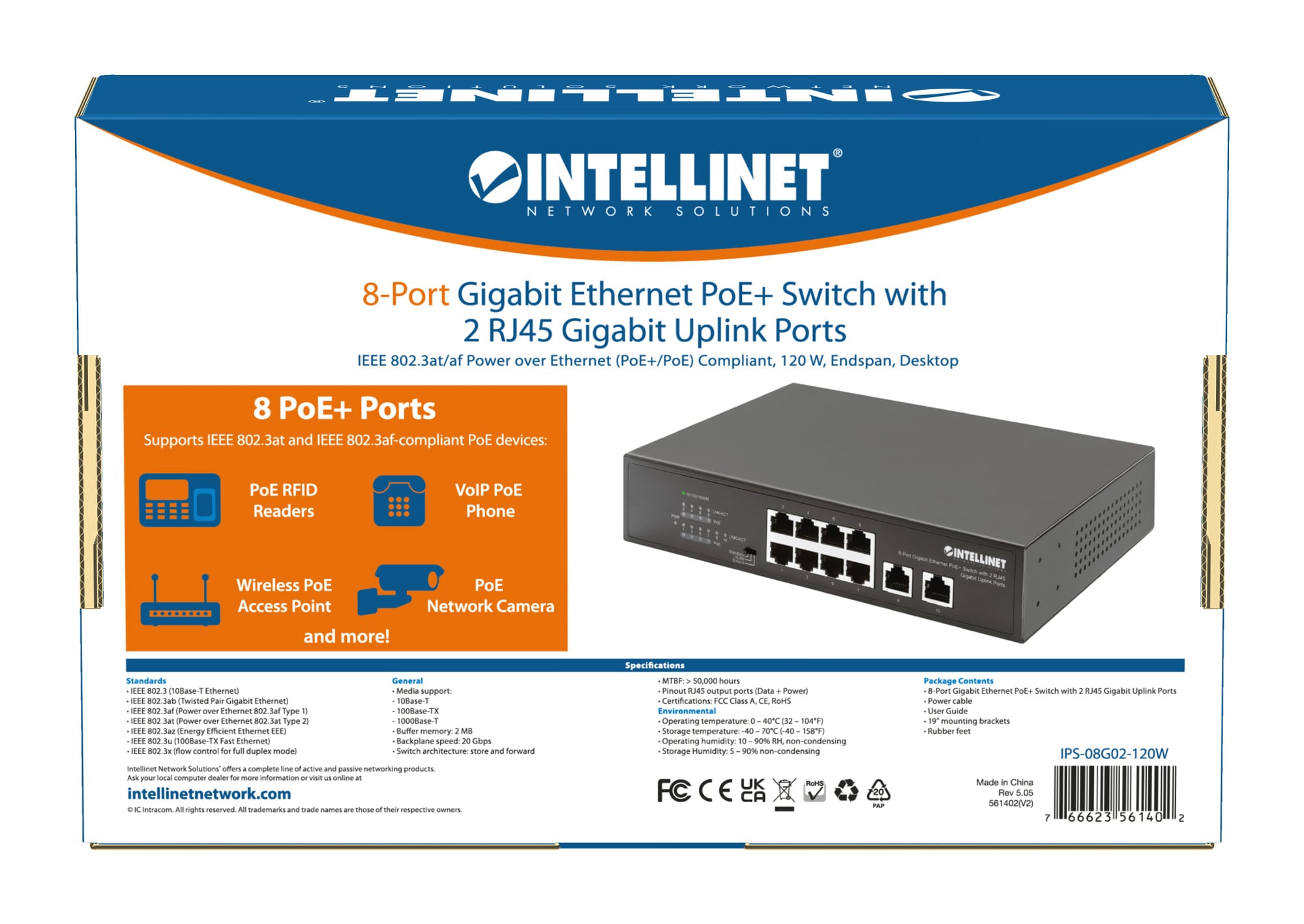 Switch Ethernet Gigabit 8 Porte PoE+ con 2 porte RJ45 Gigabit Uplink - Intellinet I-SWHUB 8GP2U